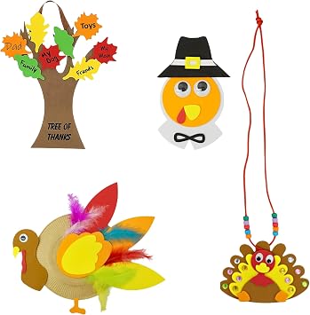 4Es Novelty Thanksgiving Craft for Kids Makes 4 Includes - Foam Thankful Tree, Turkey Plate, Pilgrim Magnet, Turkey Necklace - Dinner Activity for Toddlers, Kids, Adults
