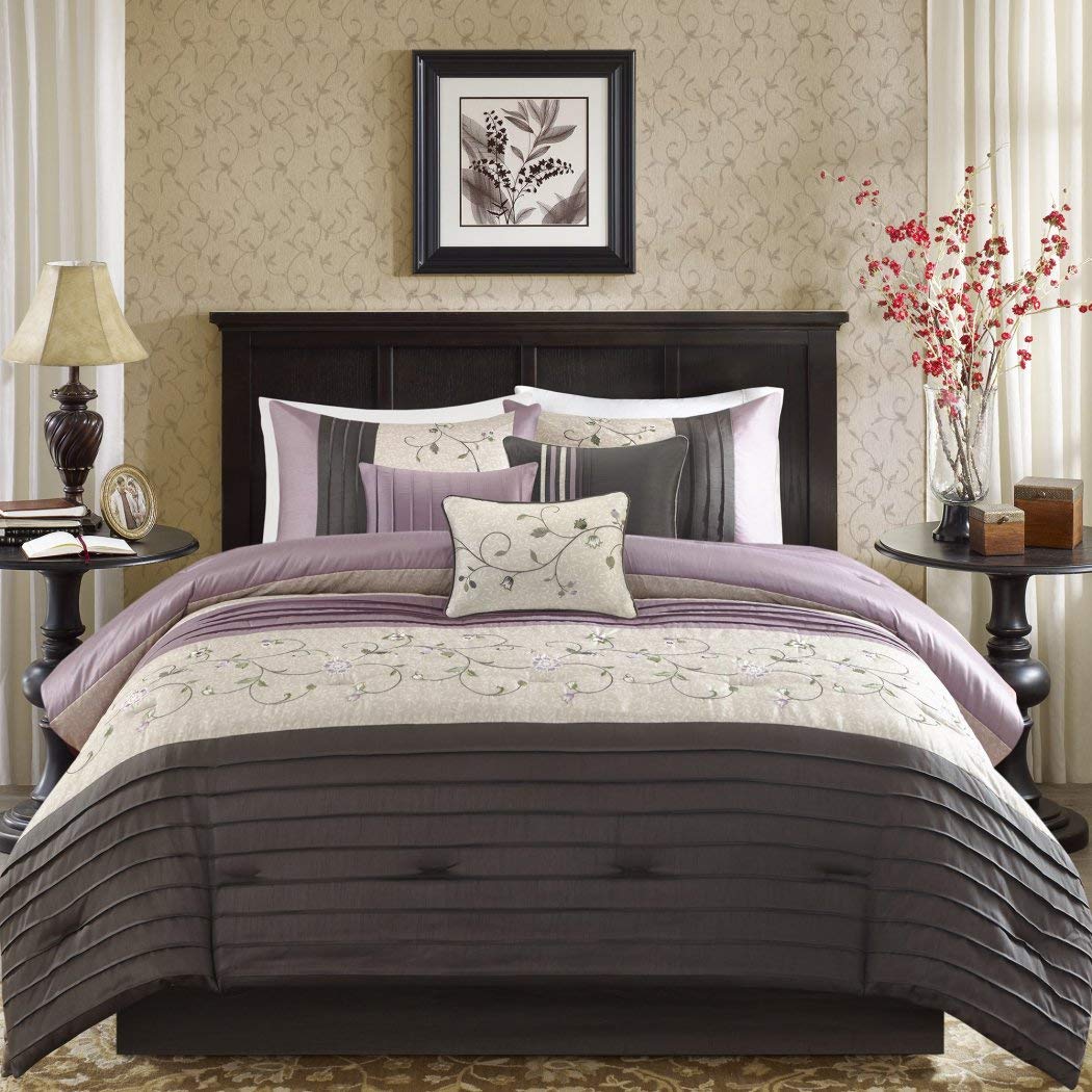 DH 7 Piece Plum Purple Charcoal Grey Floral Embroidery Comforter King Set, Purple Adult Bedding Master Bedroom Modern Stylish Pintuck Leaf Swirl Pattern Elegant Classic Themed, Polyester