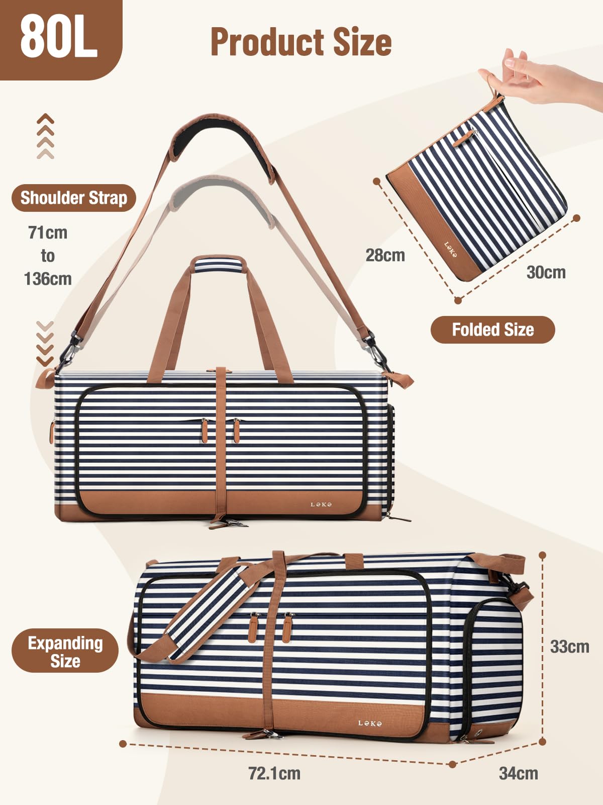 Lekesky Sac de voyage pliable 80L avec compartiment à chaussures bleu à rayures