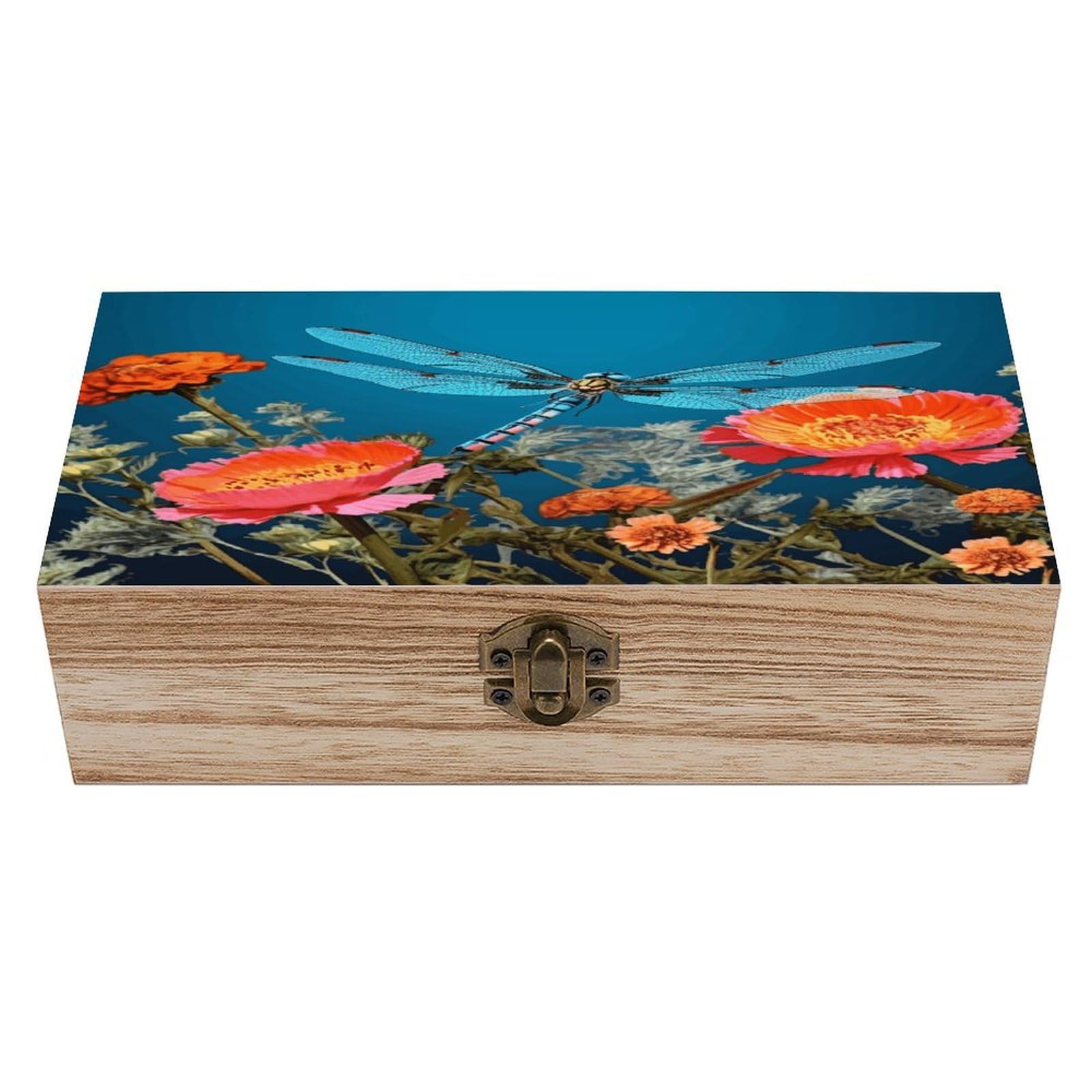 JTREHY Dragonfly And Flower Wooden Keepsake Box Vintage-Style Wood Keepsake Case with Hinged Lid Solid Wood Boxes Beautifully Memory Treasure Case Vintage-Style Wooden Storage Box