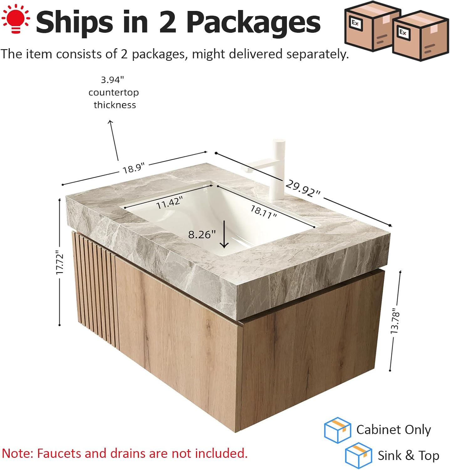 Ambrovina 30" Floating Bathroom Vanity with Sink, Modern Plywood Bathroom Storage Cabinet with Drawer and Door, Gray Sintered Stone Countertop and White Ceramic Basin, Pre-Assembled, Light Oak