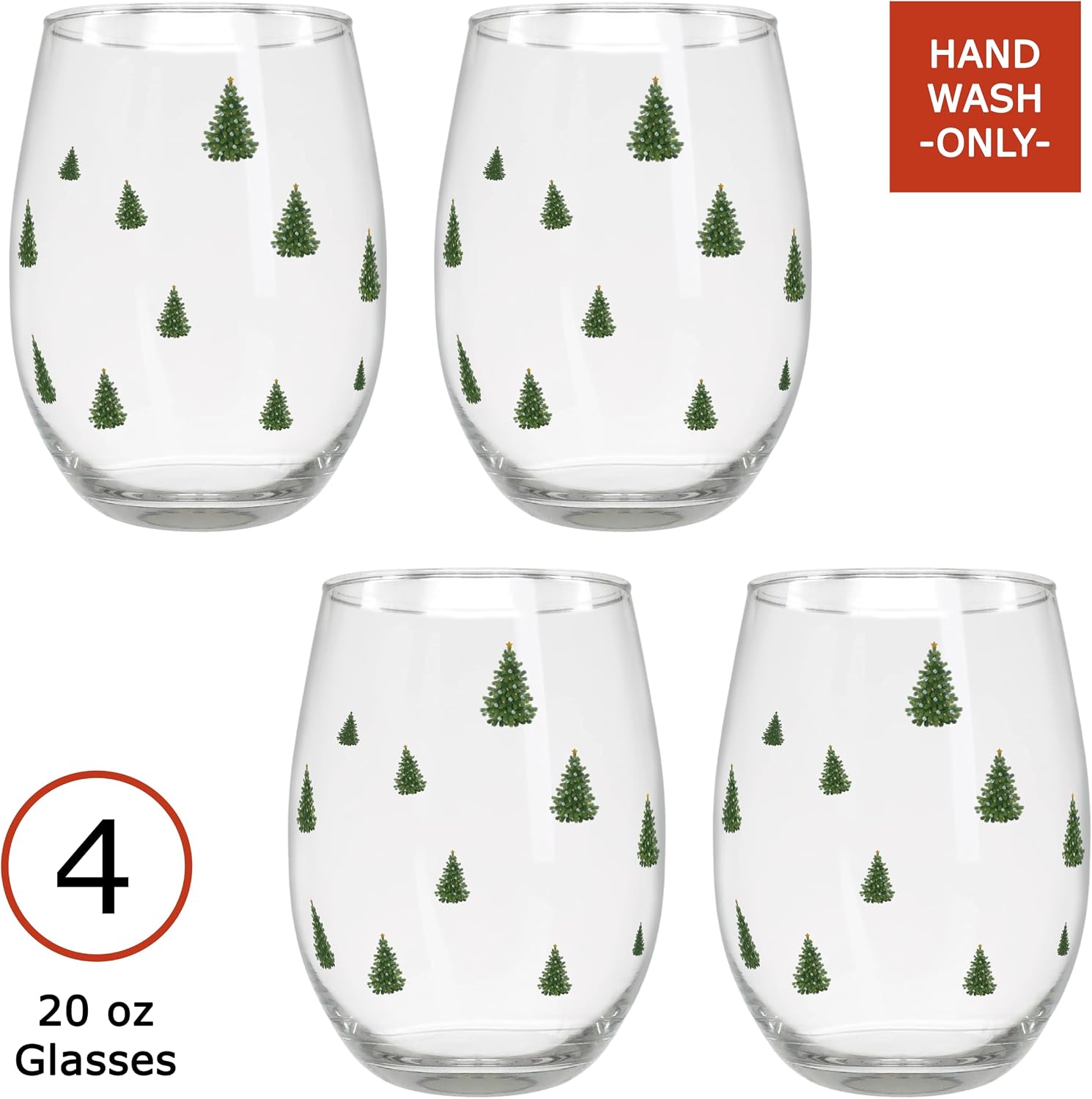 BANBERRY DESIGNS Holiday Stemless Wine Glasses - Winter Christmas Evergreen Tree Design - Set of 4 - Xmas Themed - 20 oz Capacity