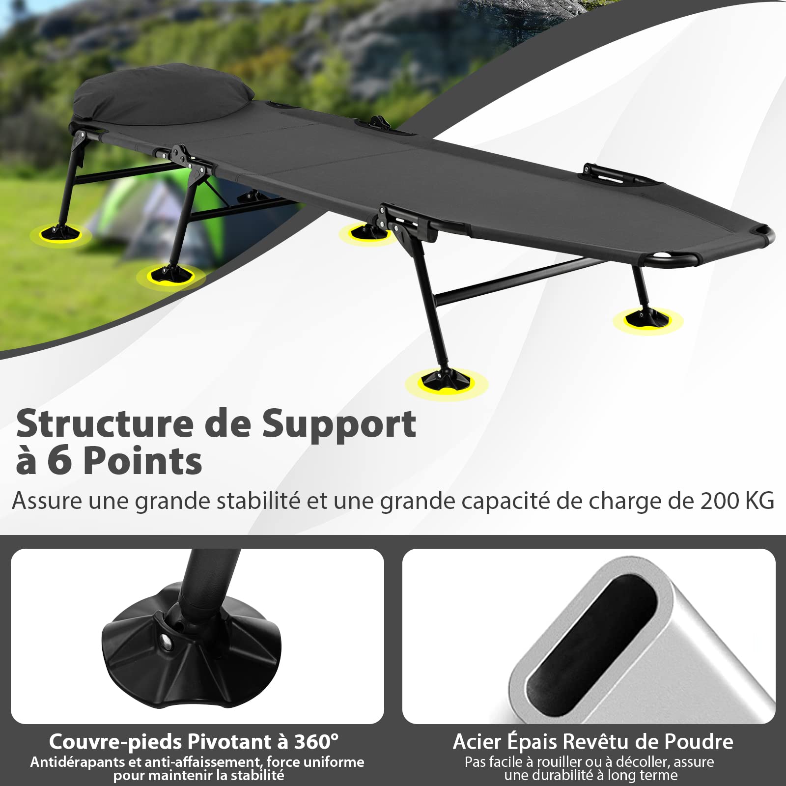 COSTWAY Lit de Camp Pliable 1 Personne, Lit Camping Pliant Portable Léger à Dossier Réglable 6 Positions, Lit de Camp Extérieur Intérieur Inclinable pour Bureau Maison Voyage, Charge 200 KG, Gris