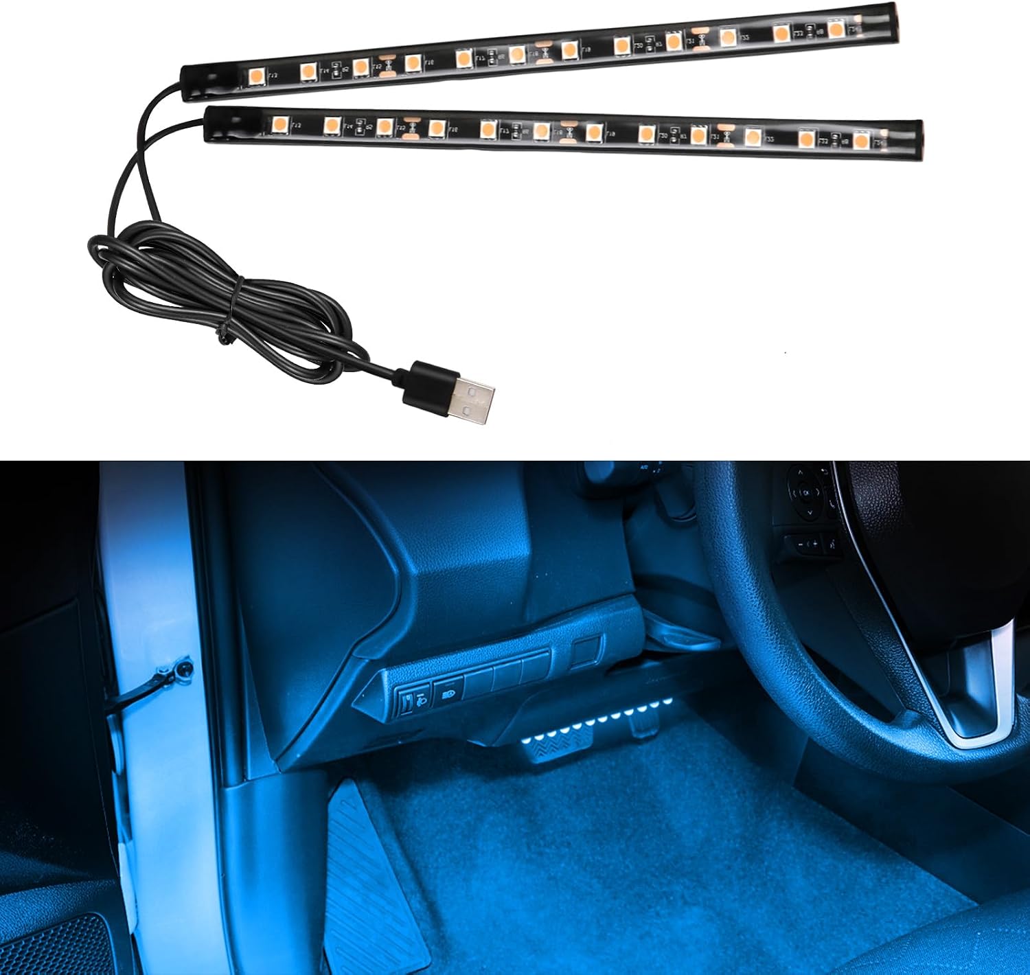 Wuyaoyao Car LED Strip Light, 12V 24 LED Vehicle Interior Atmosphere Lamps with USB Port, Auto Under Dash Ambient Night Light, Universal Car Accessories (Blue, USB)