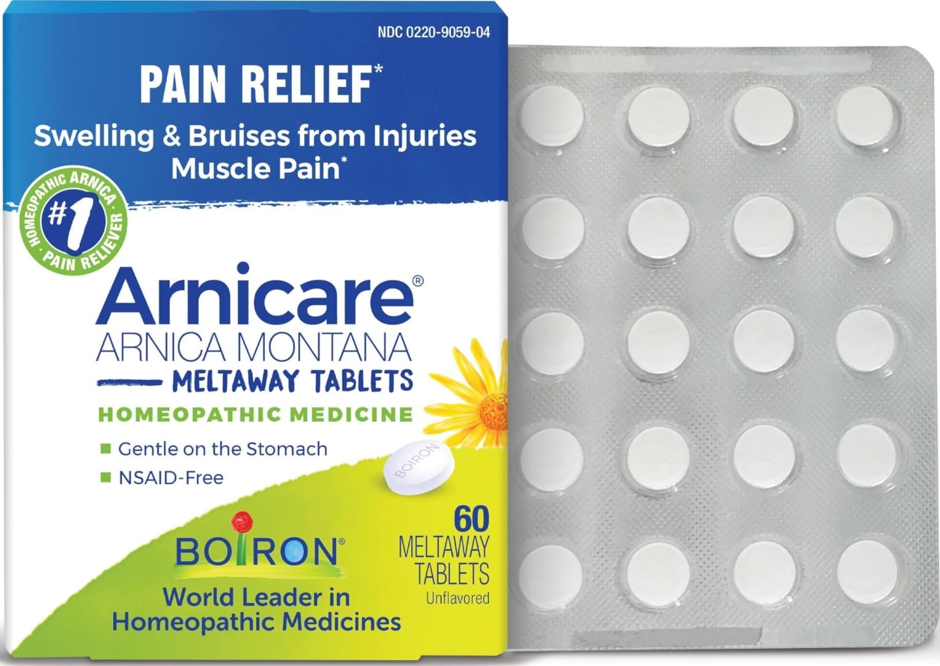 Boiron Arnicare Tablets for Pain Relief from Muscle Pain, Joint Soreness, Swelling from Injury or Bruises - 60 Count