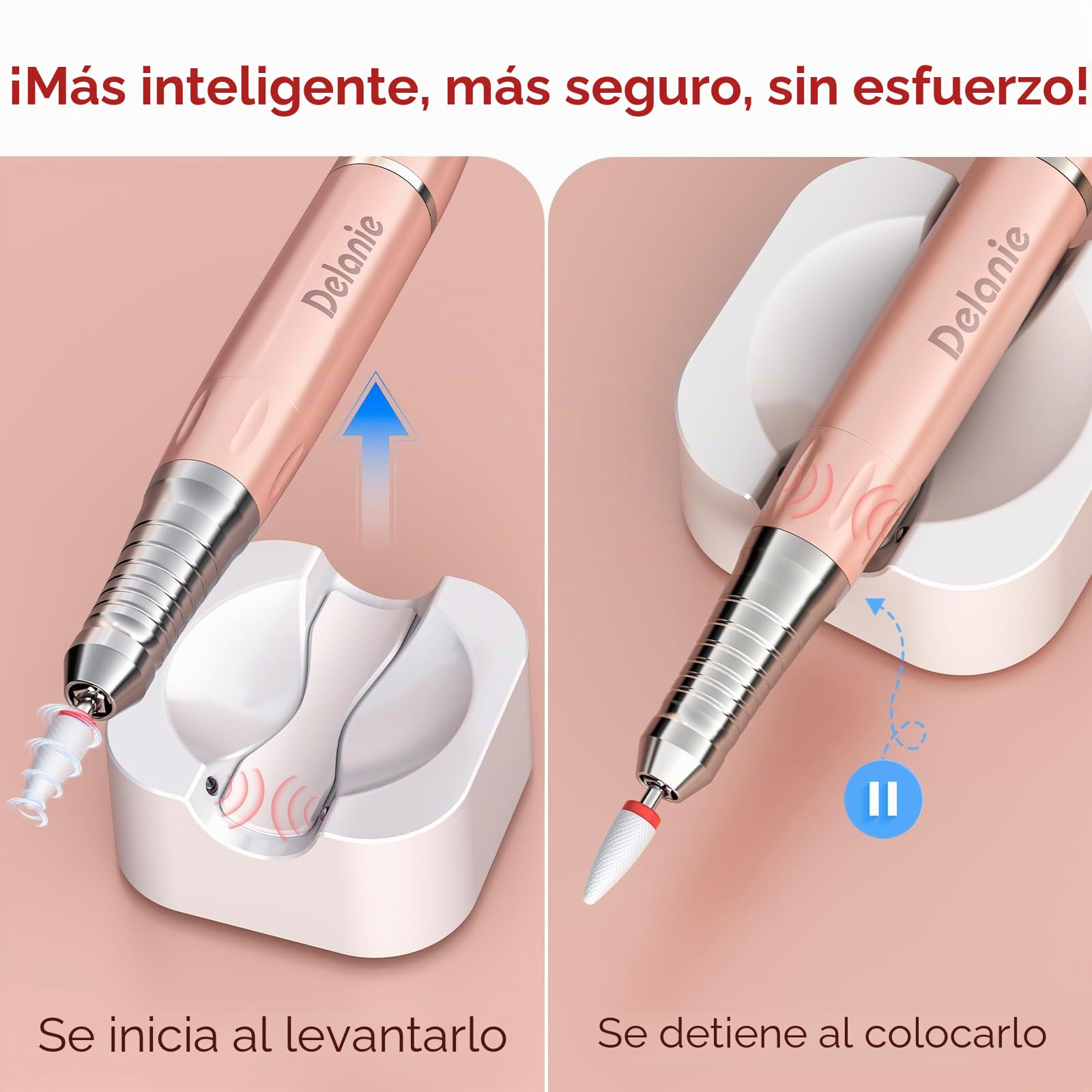 Delanie Torno para Uñas Profesional Inalámbrica 35000RPM con Motor sin Escobillas, Lijadora de Uñas Eléctrica Portátil con Base de Pausa Inteligente, Perfecta para la Sala de Estar/Hogar