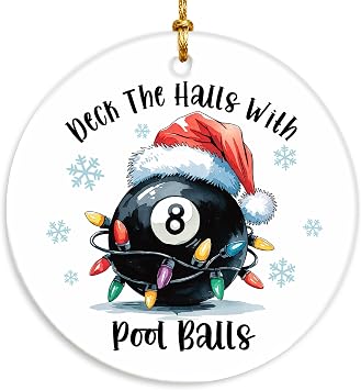 Pool Ball Christmas Ornament 2026 - Funny Billiard Ceramic Hanging Xmas Tree Decor Keepsake with Santa Hat Lights for Player, Dad, Husband, Boyfriend, Friend, Sports Lover