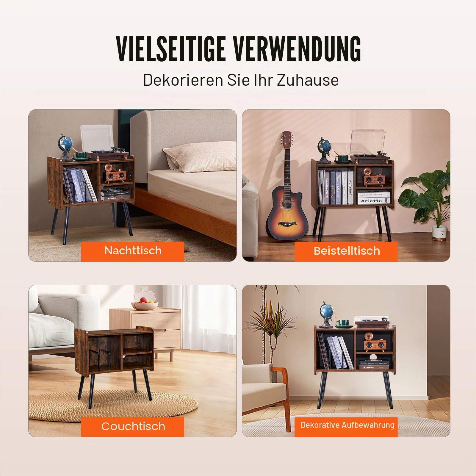VEVOR Plattenspielerständer mit abnehmbaren Regalen, Schallplattenständer mit Aufbewahrung für bis zu 100 Alben, Vinyl-Schallplattenschrank Plattenspielertisch höhenverstellbar für Wohnzimmer