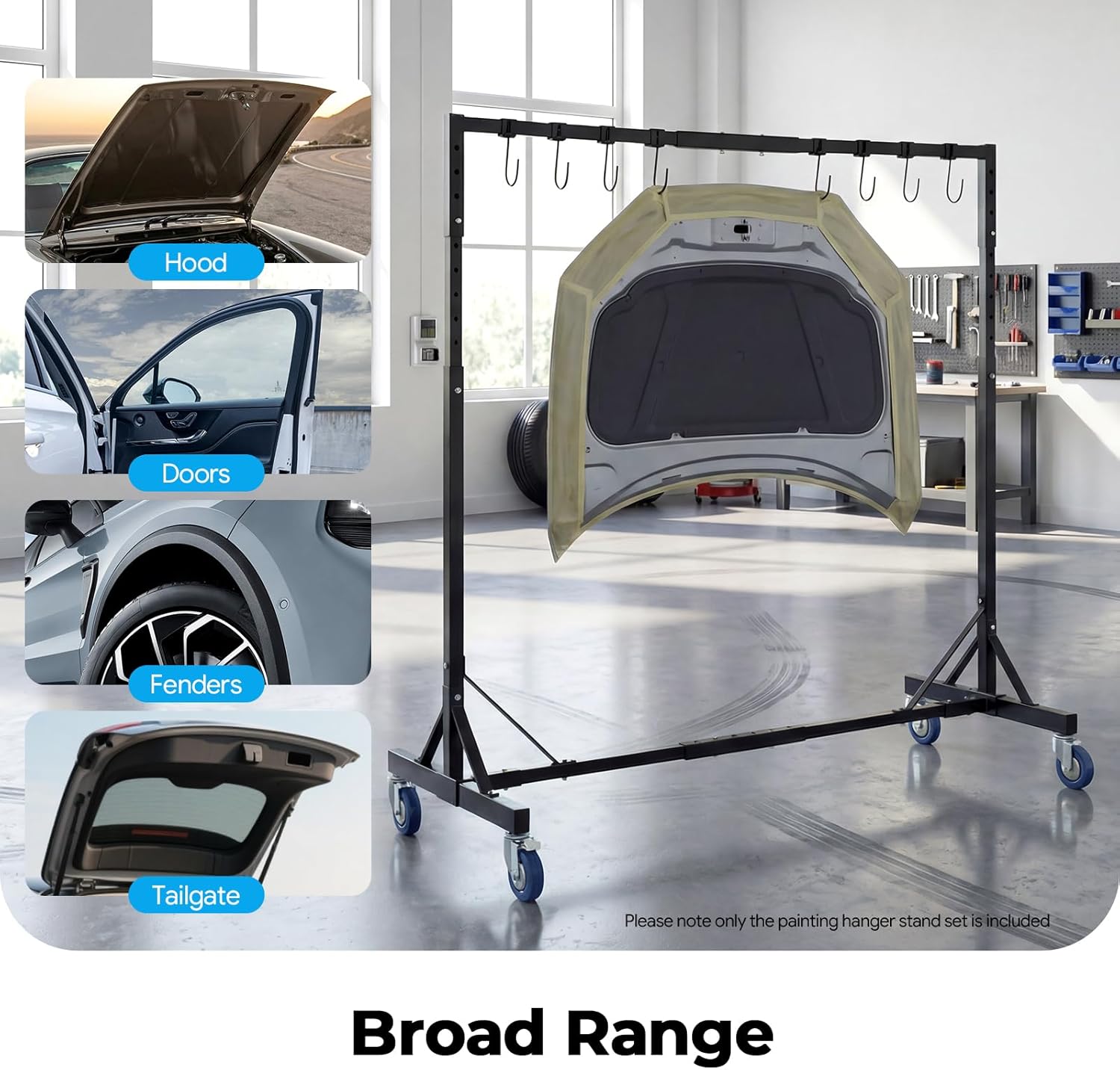 Painting Hanger Rack, Auto Body Paint Stand With 4 Universal Casters And 8 Hooks,Adjustable Height 5-7ft,Free Standing Automotive Painting Stand For Hang The Hood, Doors, Fenders, Tailgate,Etc(Black)