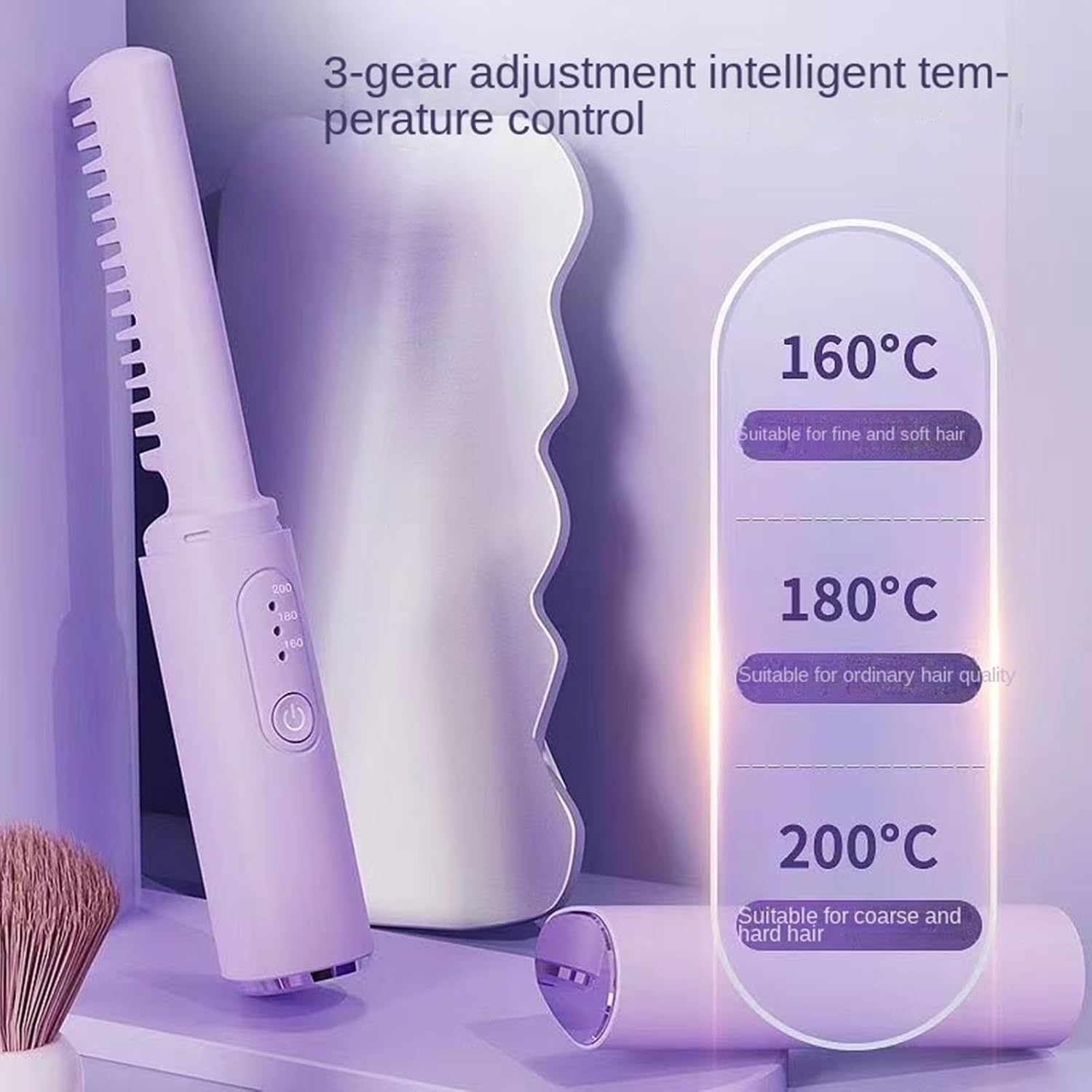 Mini Cordless Hair Straightener Brush with Flat Iron Comb Attachment, Portable for Everyday and Outings (Three Colors)