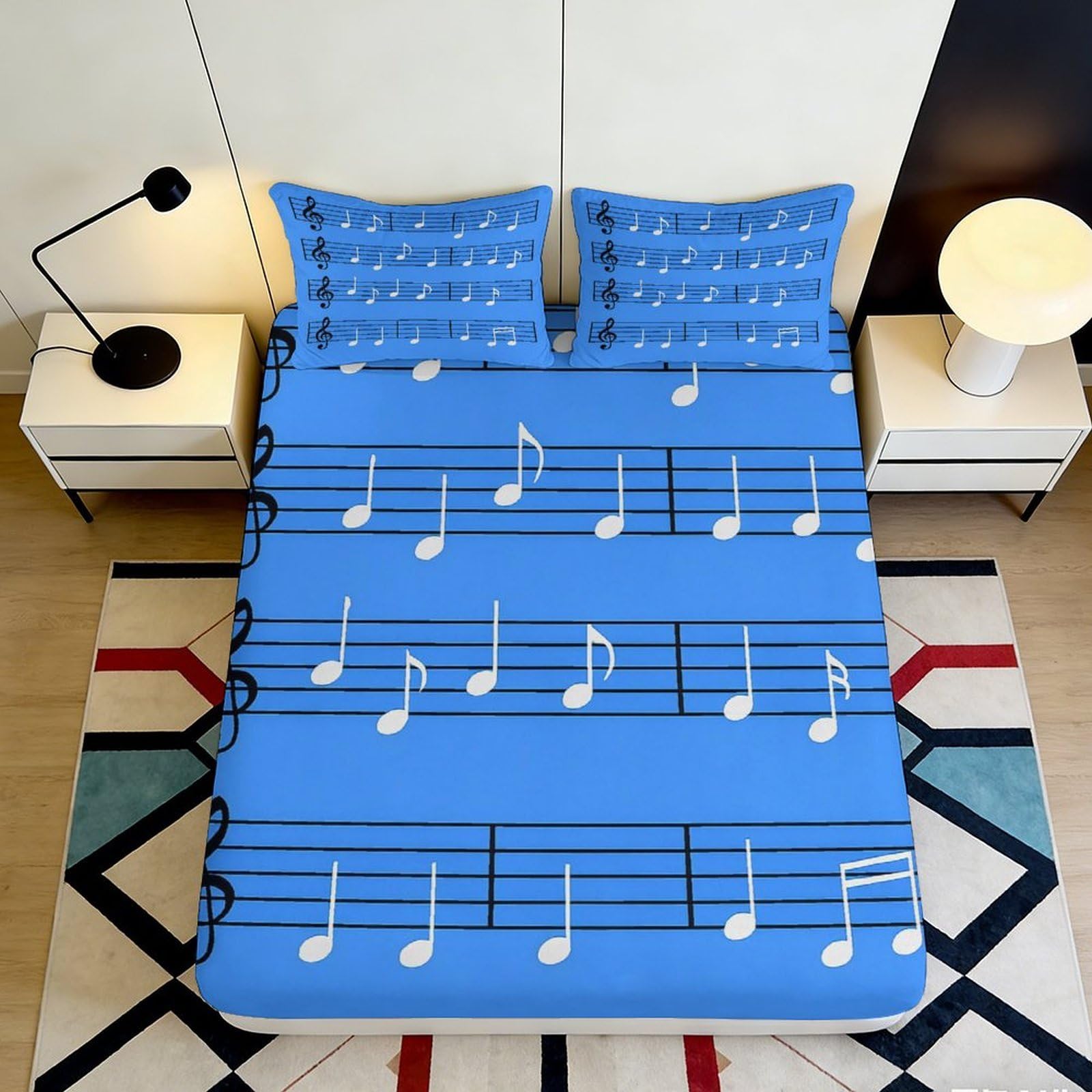 3D Printed Music Notes Fitted Sheet Microfiber Non Slip Blue Melody Bed Cover for Bedroom Dorm Mattress Decor 160x200x25cm