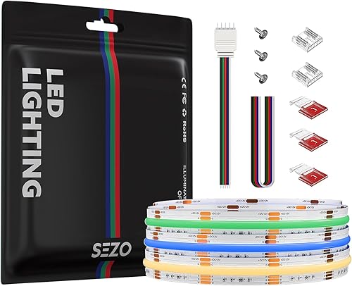 SEZO FCOB COB RGBW flexible de alta densidad uniforme LED tira de luz RGB+blanco cálido 3000K 9.8FT 816LEDsm DC12V 0.472 in ancho color cambiante disponible en Yaxa Venezuela