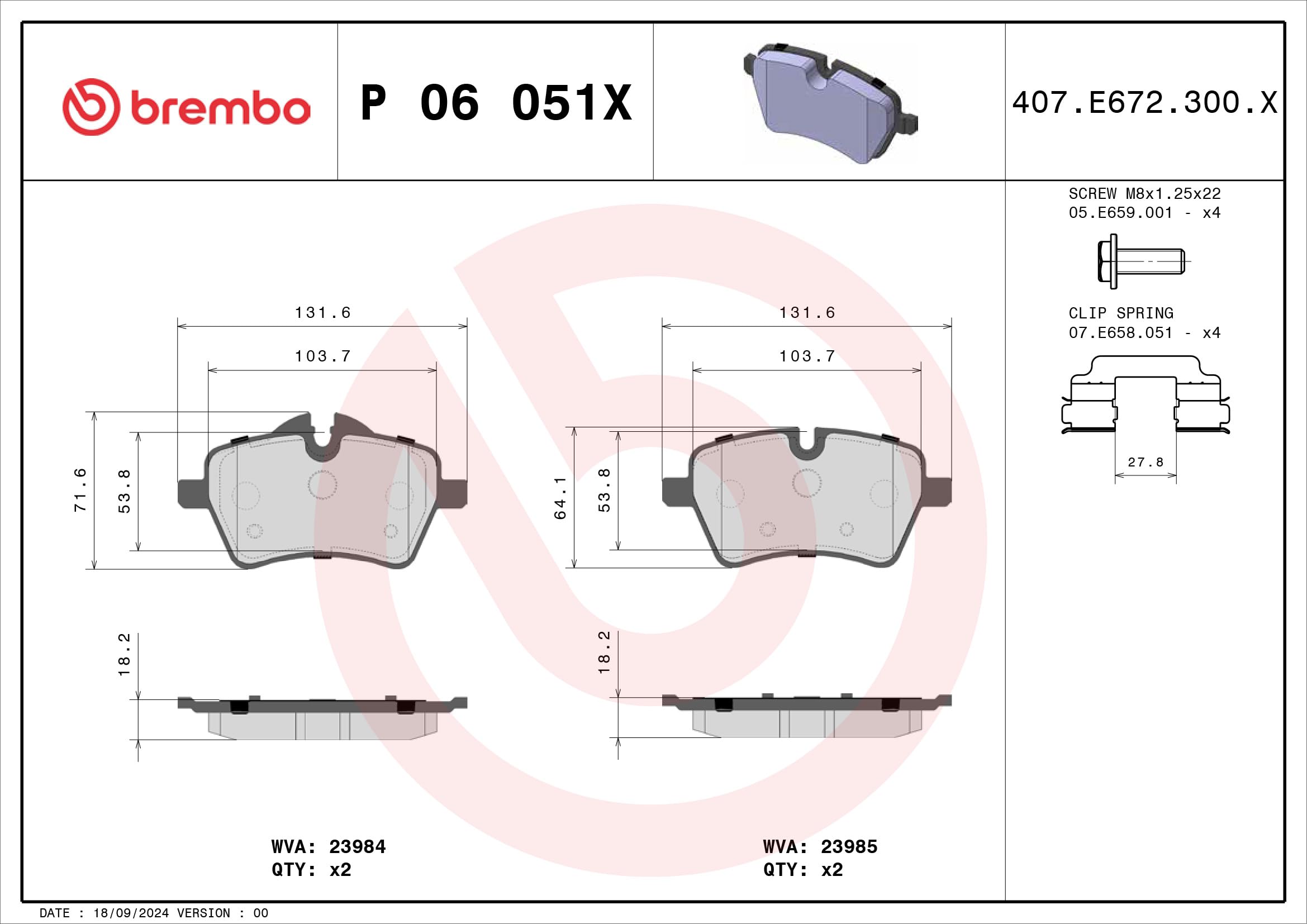 Zestaw Klocków Hamulcowych BREMBO P 06 051X przód
