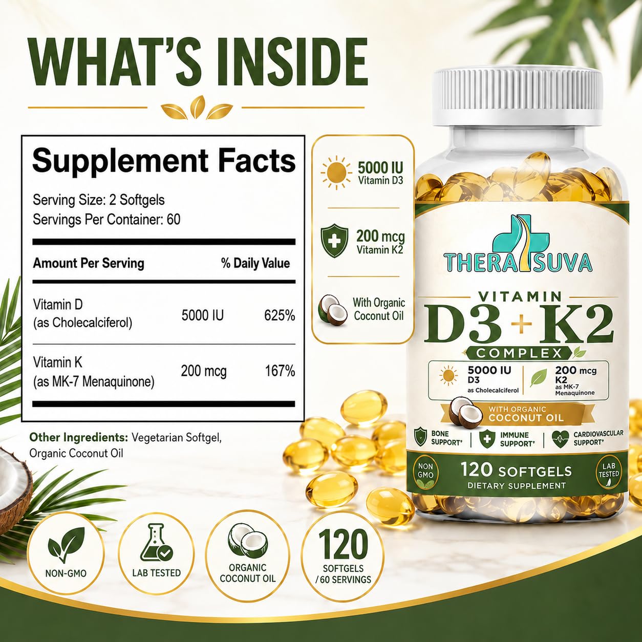 TheraSuva Vitamin D3 + K2 with Coconut Oil, 120 Veggie Softgels — Amazon image 7