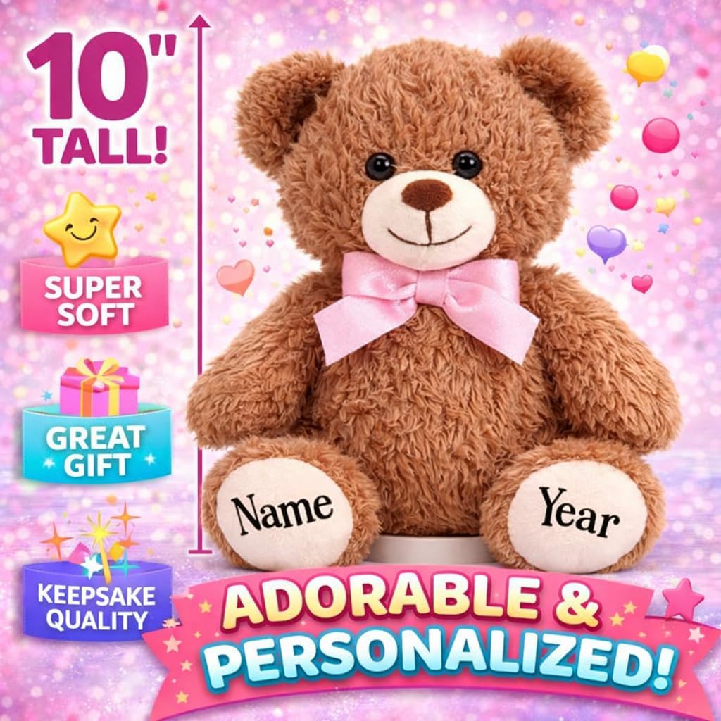 burton+BURTON Personalized Teddy Bear with Name & Year – 10 Inch Plush Stuffed Animal, Custom Keepsake Bear for Kids, Baby Gift, Birthday, Nursery Décor