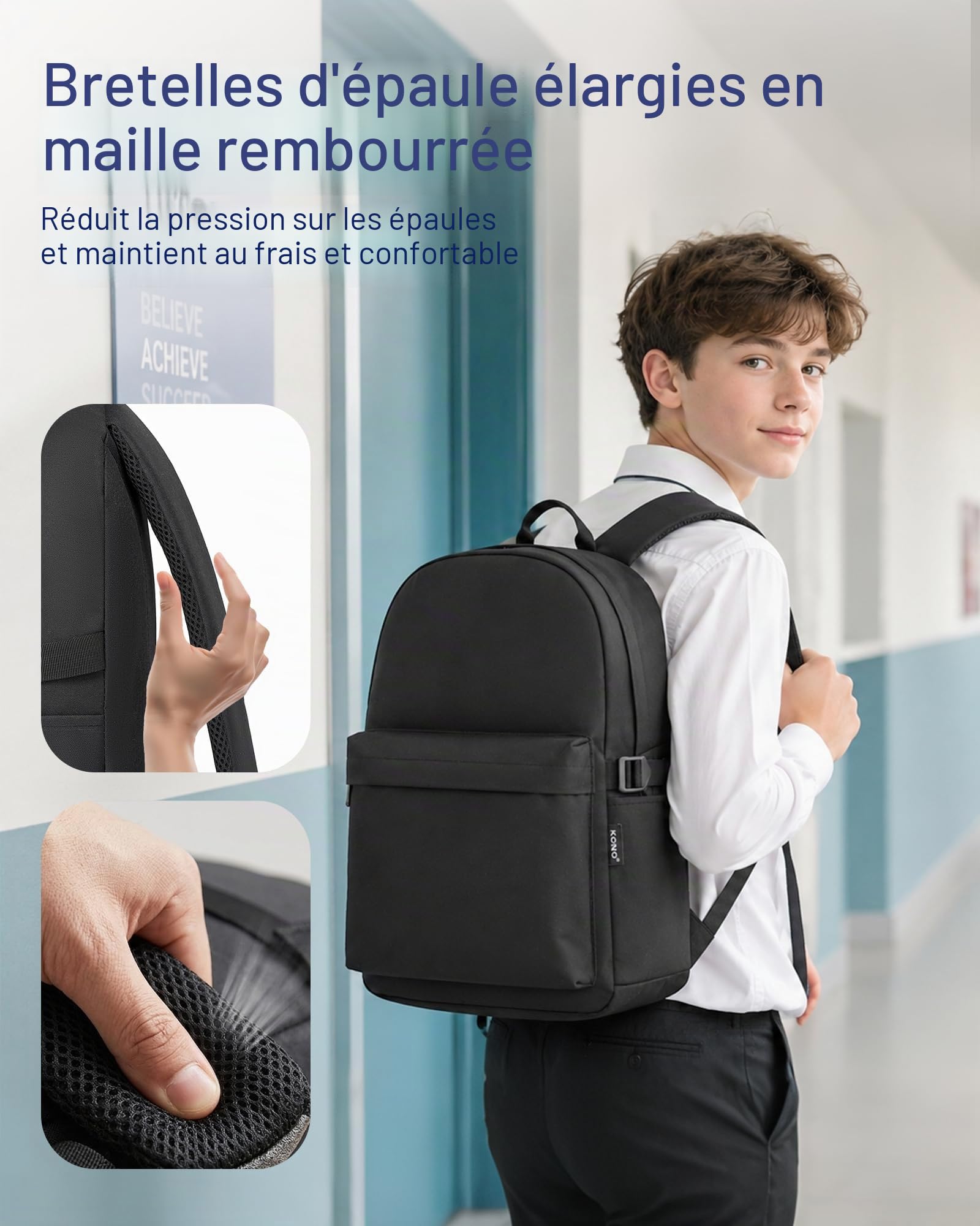 Kono Sac à Dos Scolaire Lycée Ado Étudiant Léger pour Garçon Fille, Sac d'École Travail Voyage, pour Collège et Université, Ordinateur Portable 15,6 Pouces