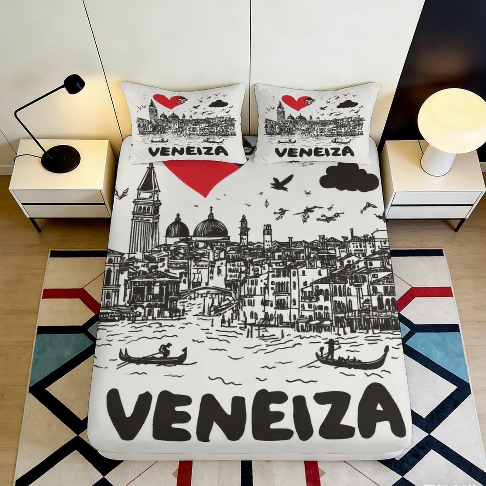 Uxinyoume Style-1 3D Printed Venice Skyline Fitted Sheet Microfiber Soft Urban Landscape Bed Cover For Bedroom Dorm Decor 90X200x25cm
