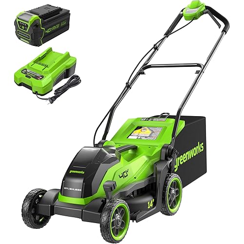 Greenworks 40V 14”​ Brushless (Push) Cordless Lawn Mower, 4.0Ah Battery and Charger