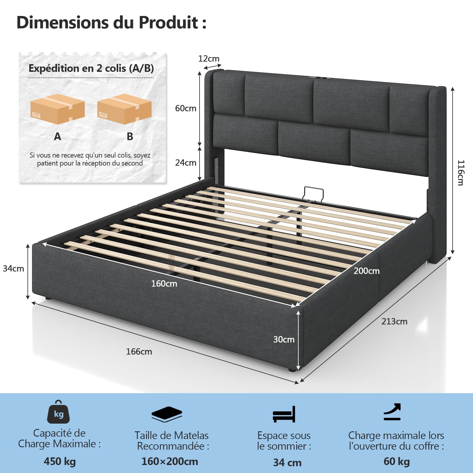 Brinlawb Lit Coffre 160x200 cm avec Rangement, système hydraulique, Cadre de lit 160x200 avec sommier et multiprise, lit Double 160x200 cm avec tête de lit réglable en Hauteur, lit 2 Personnes, Gris