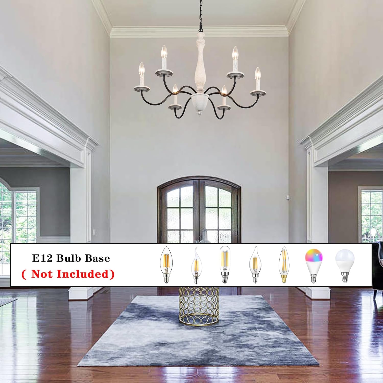 French Country Chandelier, 6 Lights Rustic Farmhouse Chandelier for Dining Room Antique Handmade Real Wood Brown White with Black Metal Arm Bedrooms Foyer Living, E12