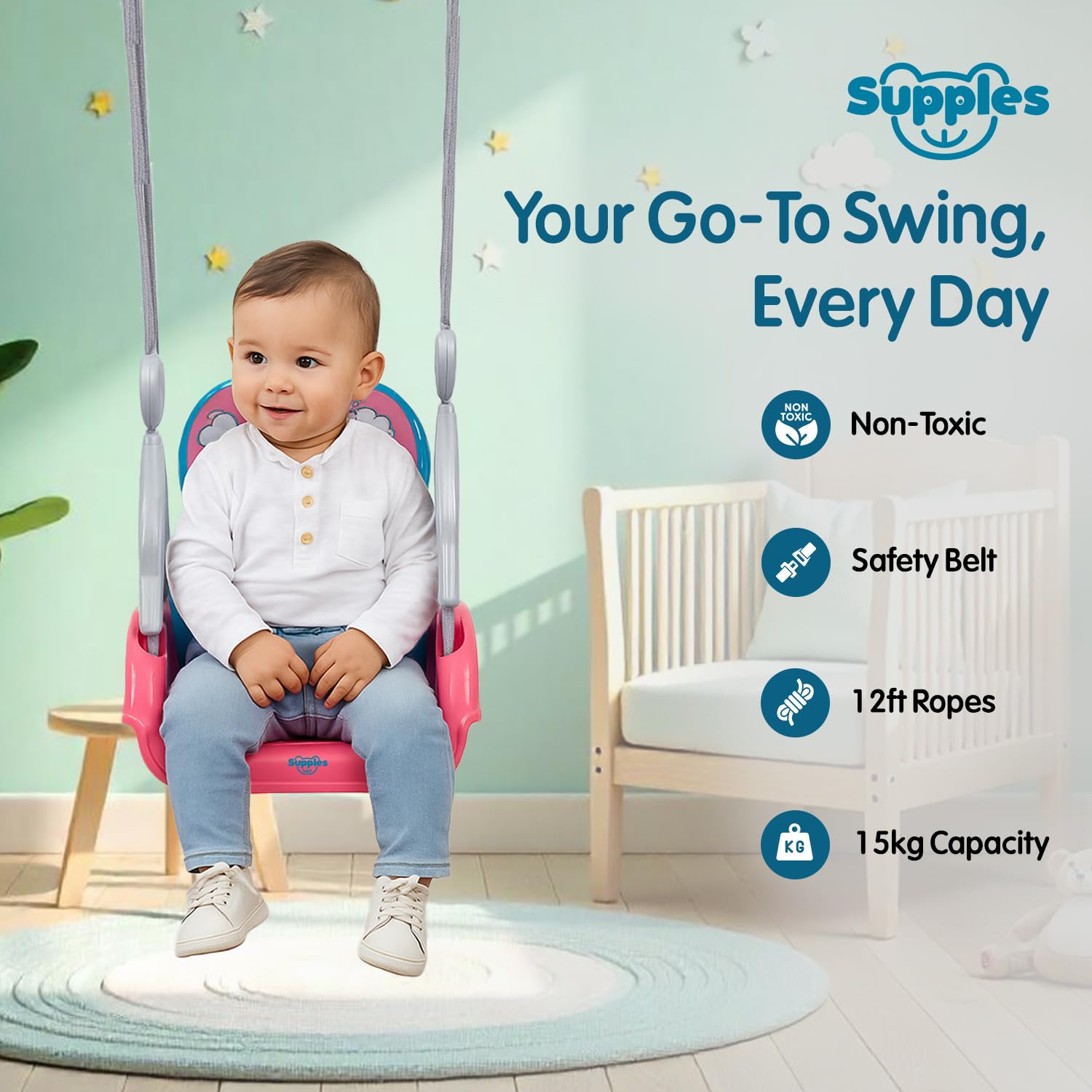 Amazon Brand - Supples Baby Swing for Kids | Non-Toxic Plastic | Indoor & Outdoor Use | Adjustable Design with Safety Belt | Age 6 Months to 4 Years | Blue & Pink - Image 2 thumbnail