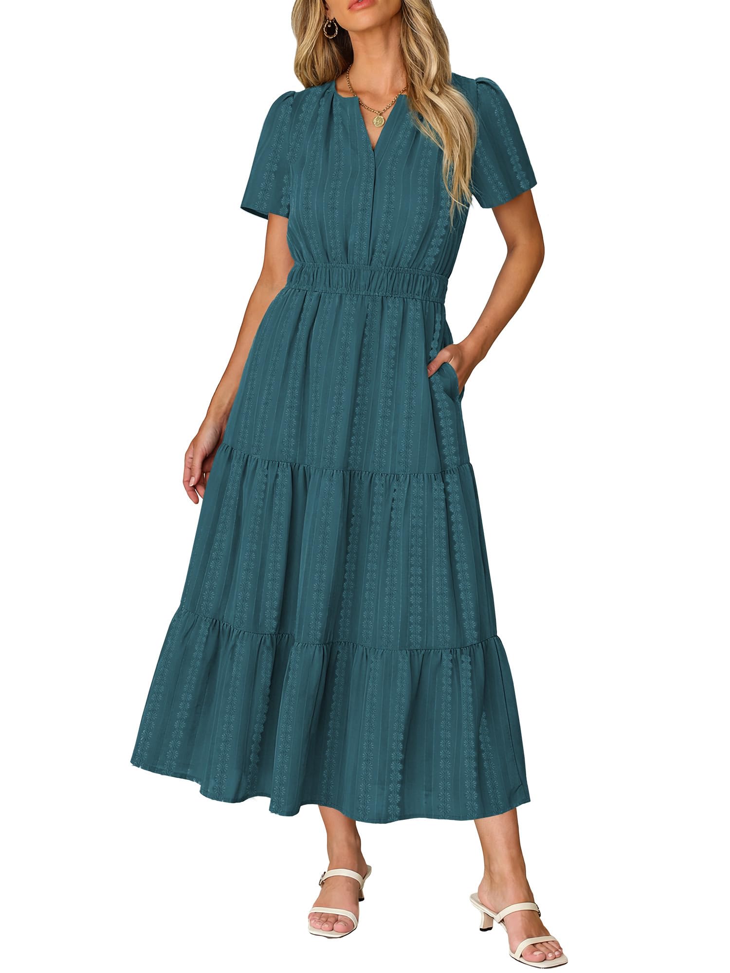 RUMIA Women Casual Midi Maxi Dresses Short Sleeve V Neck Elastic Waist Vacation Dress Pockets（S-2XL — view 19