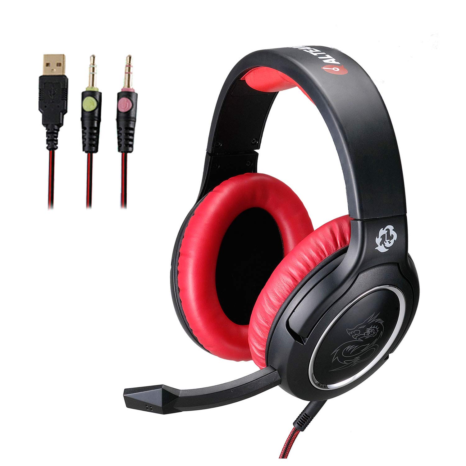 ALTEAM Gaming Headset Over Ear 53mm Driver Pro Game Headphone with Microphone & LED Light, Surround Bass Stereo Sound, Volume Control Wheel, Double 3.5mm Plug for PC Computer Laptop - Black/Red