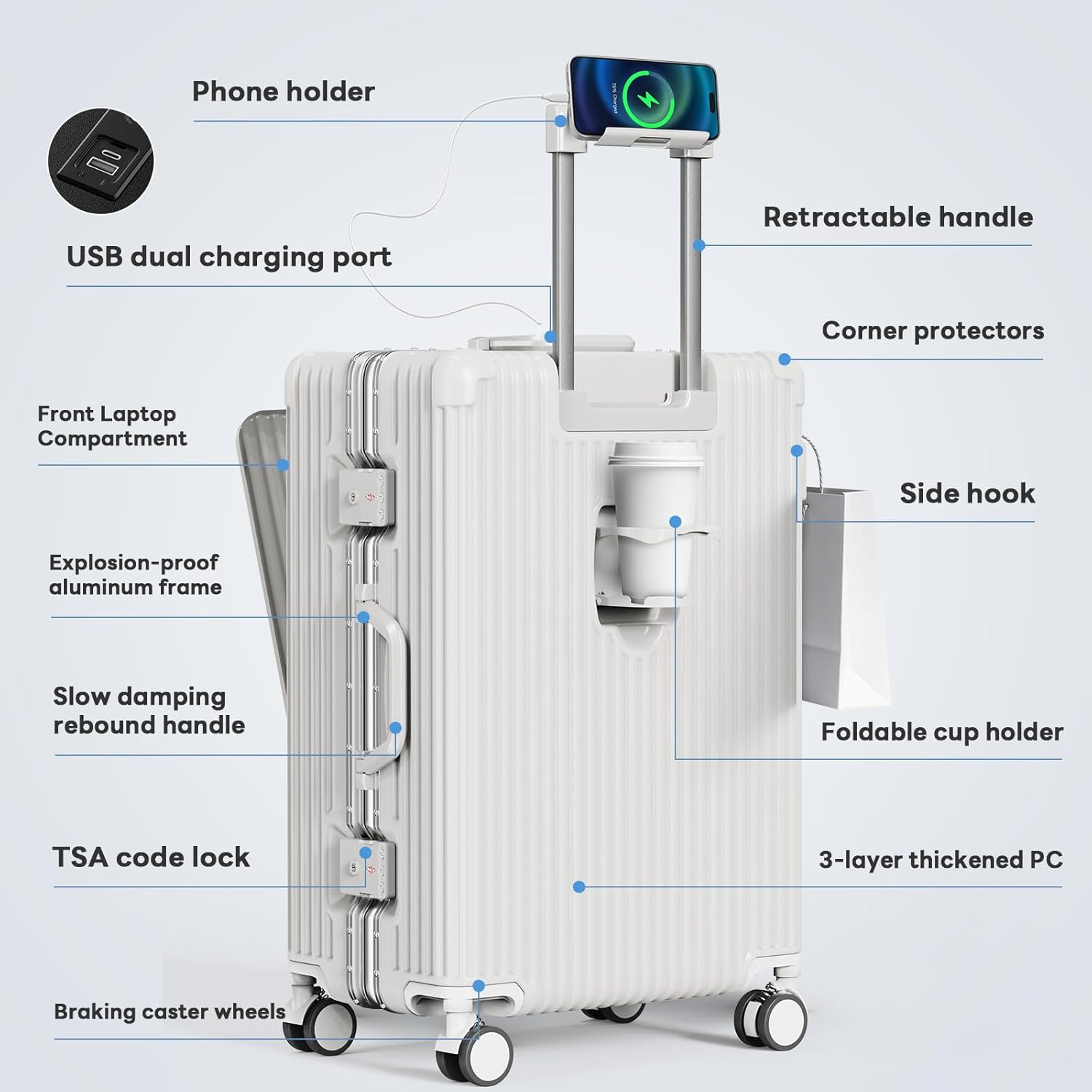20 Inch Carry On Luggage Airline Approved, PC Hardshell Suitcase with Front Pocket, USB Charging Ports, Zipperless Aluminum Frame, 360 Spinner Wheels & TSA Lock for Travel