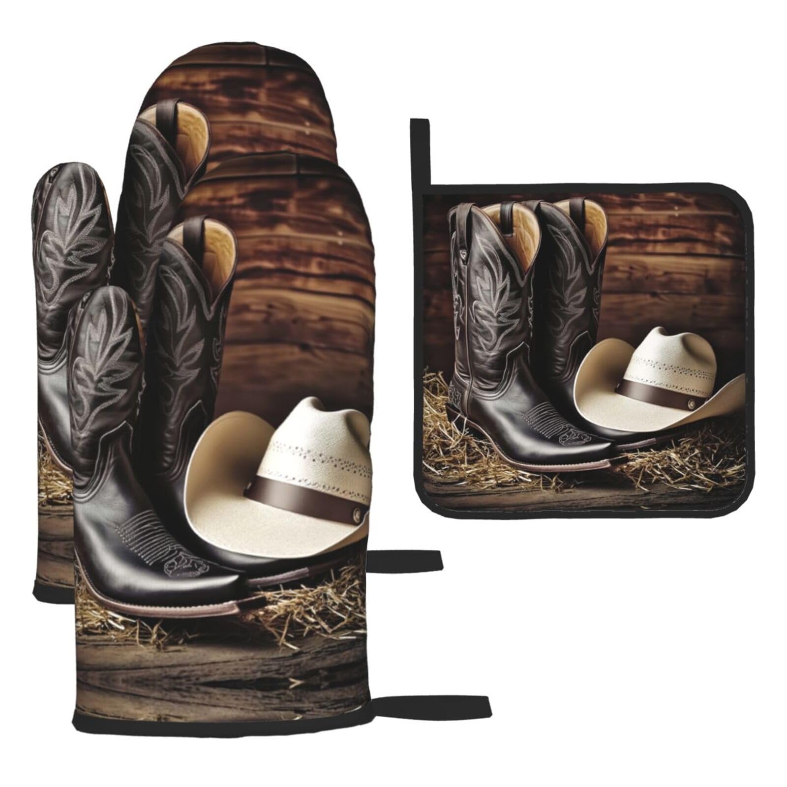 Oven Mitts and Pot Holders Set of 3 Heat Resistant Non-Slip Kitchen Gloves Hot Pads Cowboy Black Hat Western Boots Mittens Gloves Non-Slip Potholders for Cooking Baking Grilling BBQ
