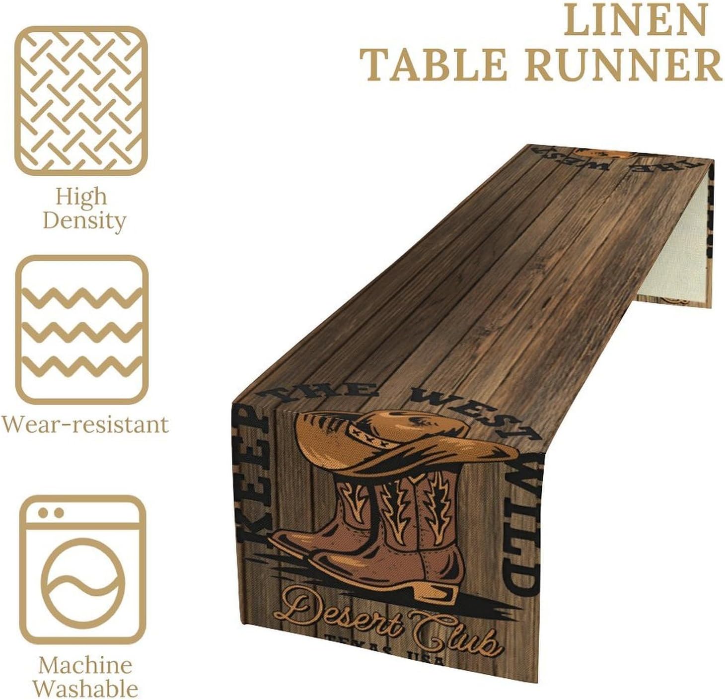 Rustic Western Table Runner, Wild West Cowboy Hat Boot Wooden Design Farmhouse Country Table Runner for Kitchen Dining Party, 13x120 Inch