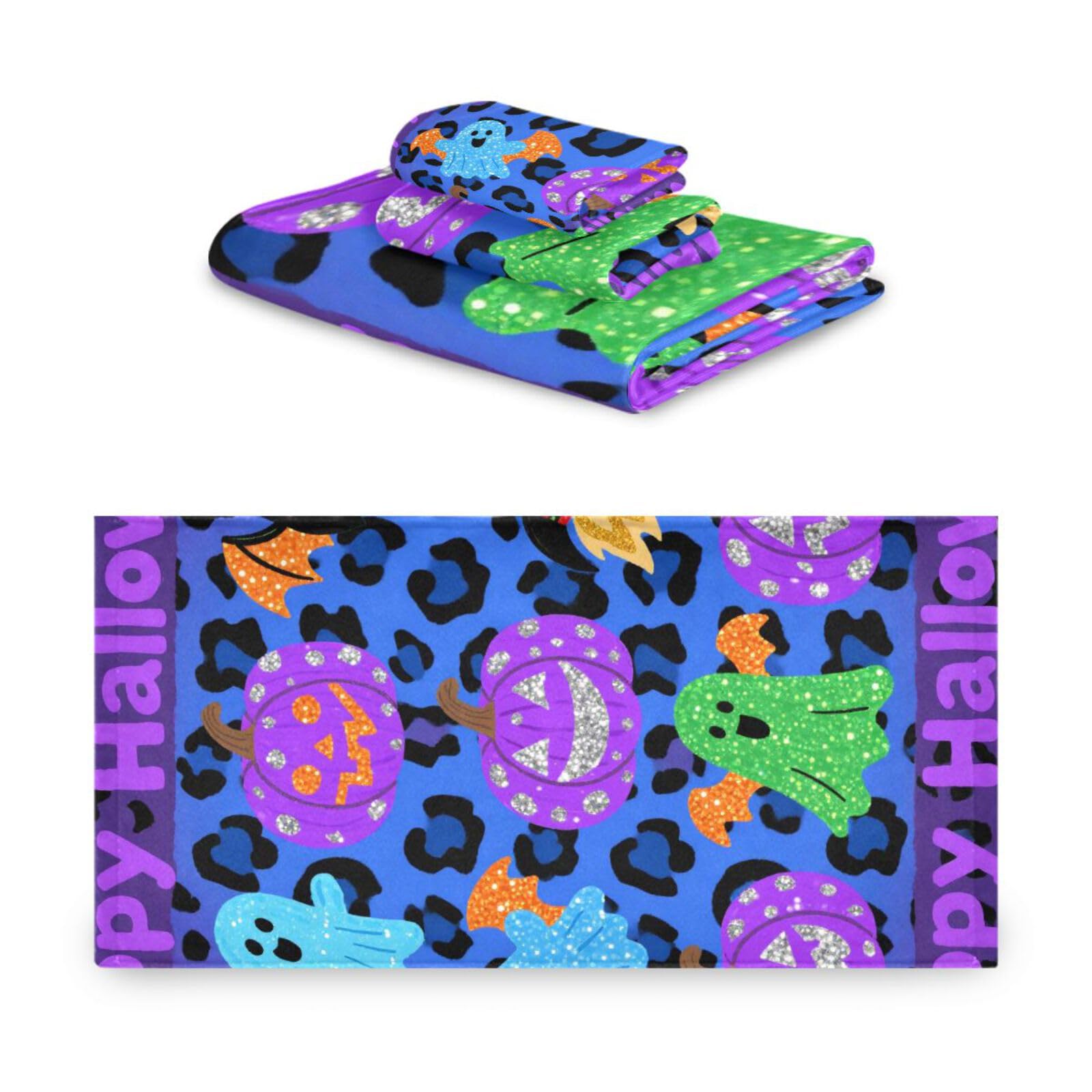 Fioletowo-niebieski lampart nadruk Halloween dynia prysznic ręczniki do twarzy zestaw 3 sztuk, 1 ręcznik kąpielowy 1 ręcznik do rąk 1 myjka do twarzy ciała łazienka