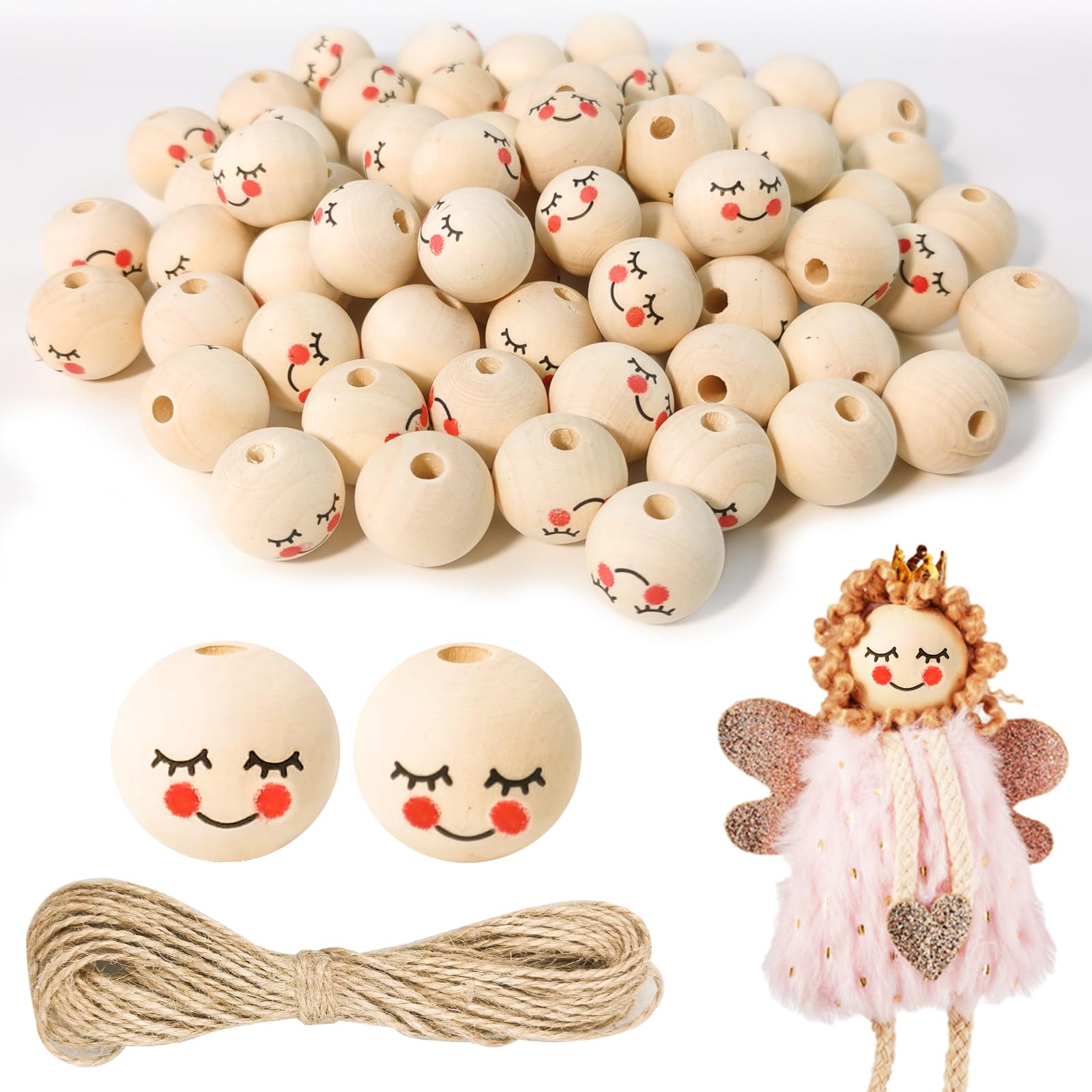 Furuising 80PCS Wooden Beads with Smile Face