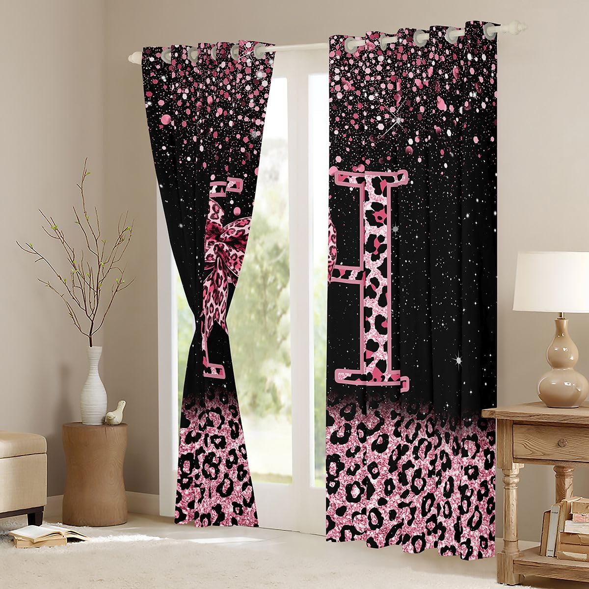 Homewish Tende per finestre con fiocco glitterato leopardato, 132 x 160 cm, set di 2 pannelli, tende oscuranti personalizzate con iniziale H Bowknot nero rosa lettera fiocco nodo tende tende tende