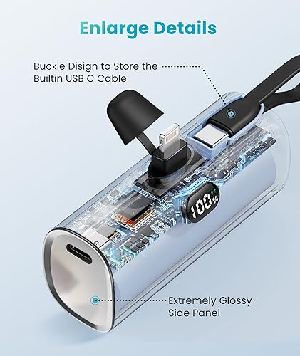 Miniatura 4 de Banco de energía pequeño cable USB C integrado para iPhone 15 Pro Max, cargador portátil de 5000 mAh, batería trasera USB C, cargador ultracompacto