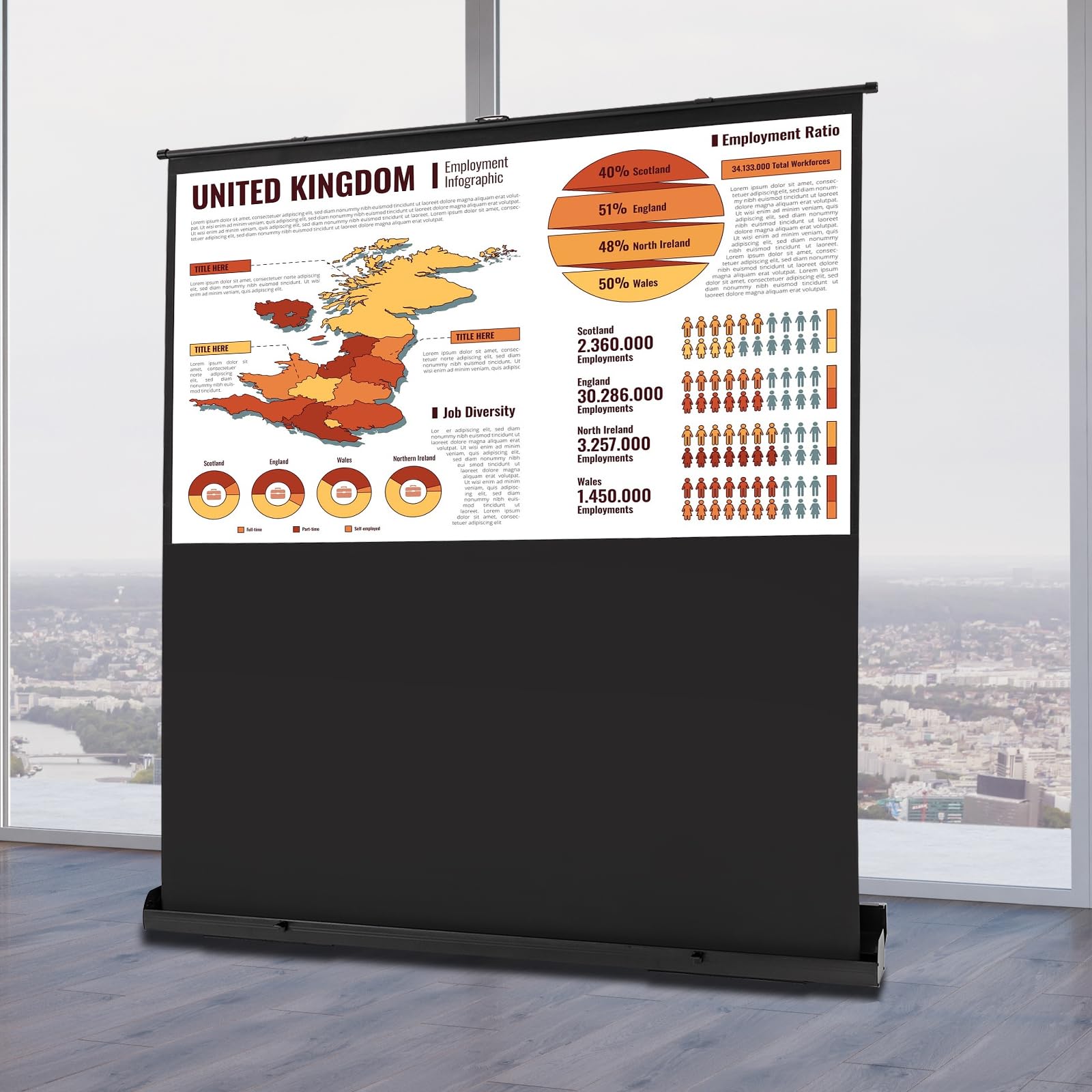 Schermo Di Proiezione A Tiro, 80", 4K HD, Arrotolabile, Schermo Proiezione A Pavimento, Immagine 170x100 Cm, Montaggio A Parete Soffitto, Multimedia, Per Proiezione Familiare, Sale Riunione Ecc Varie