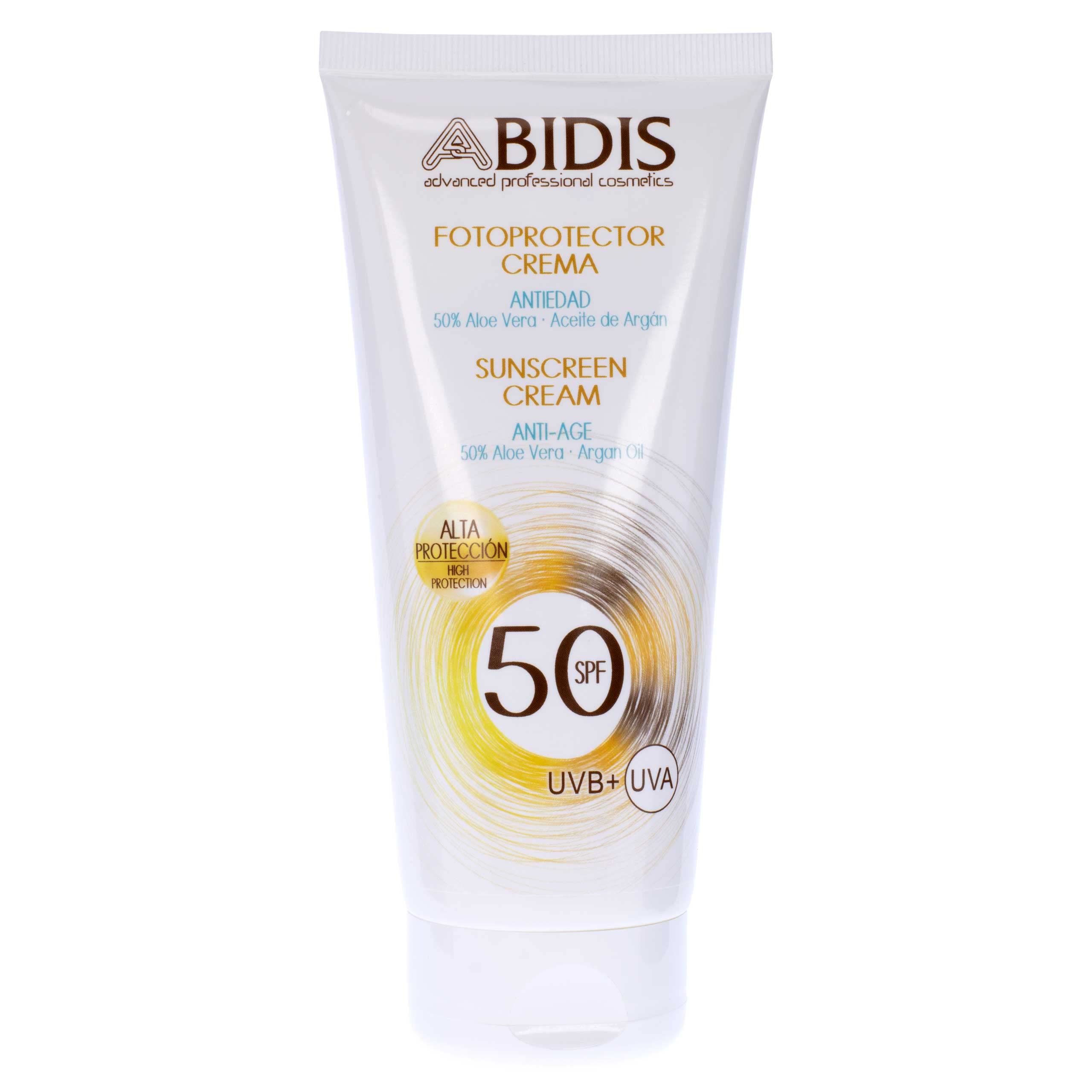 Protector Solar en Crema, Antiedad, 50% Aloe Vera y Aceite de Argán. Alta protección FPS/SPF 50. 200 ml