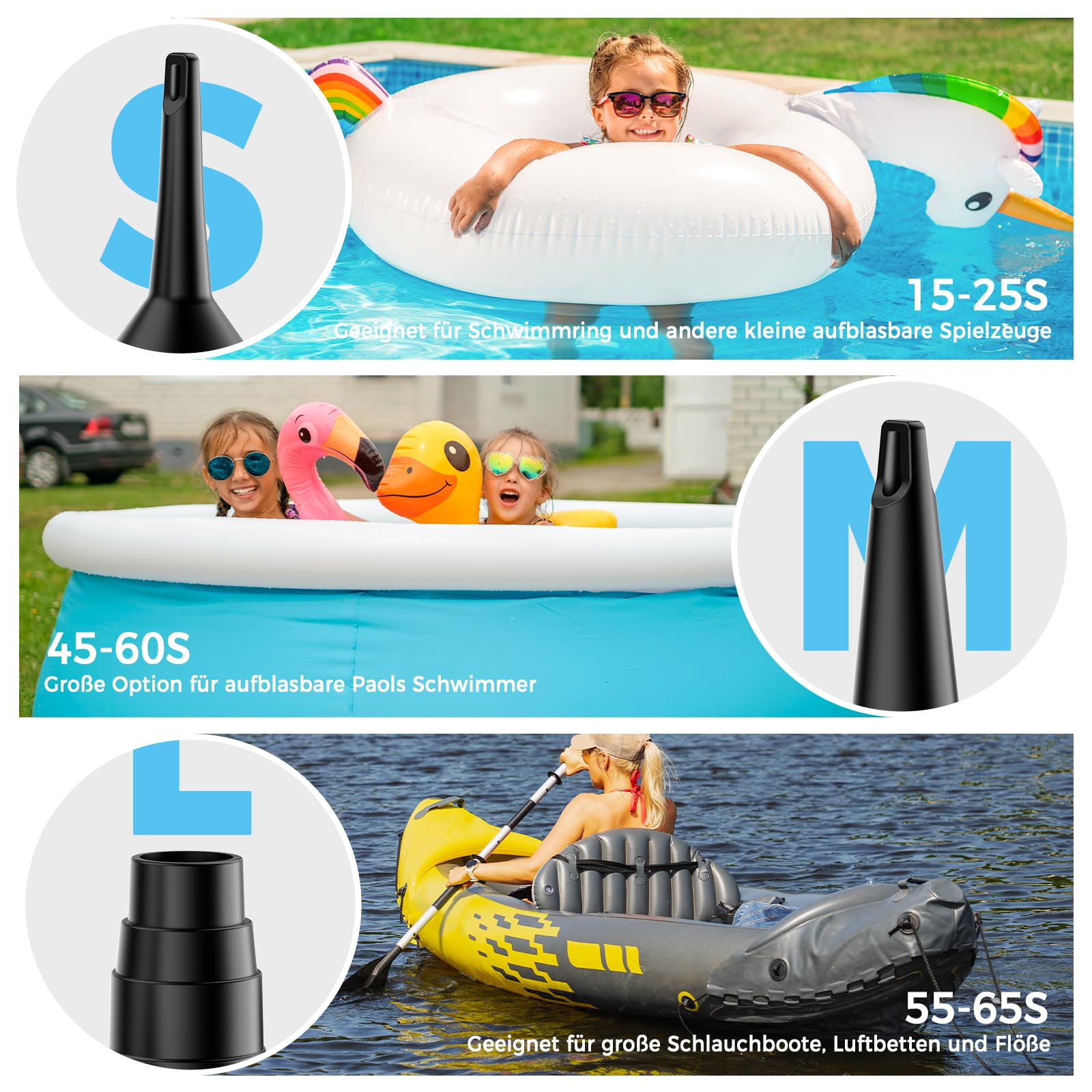 BOSONER Elektrische Luftpumpe mit Akku: 4000 mAh, wiederaufladbare Luftpumpe mit 3 Luftdüsen – schnelles Aufblasen für Schlauchboot, Kinderbecken, aufblasbare Matratze