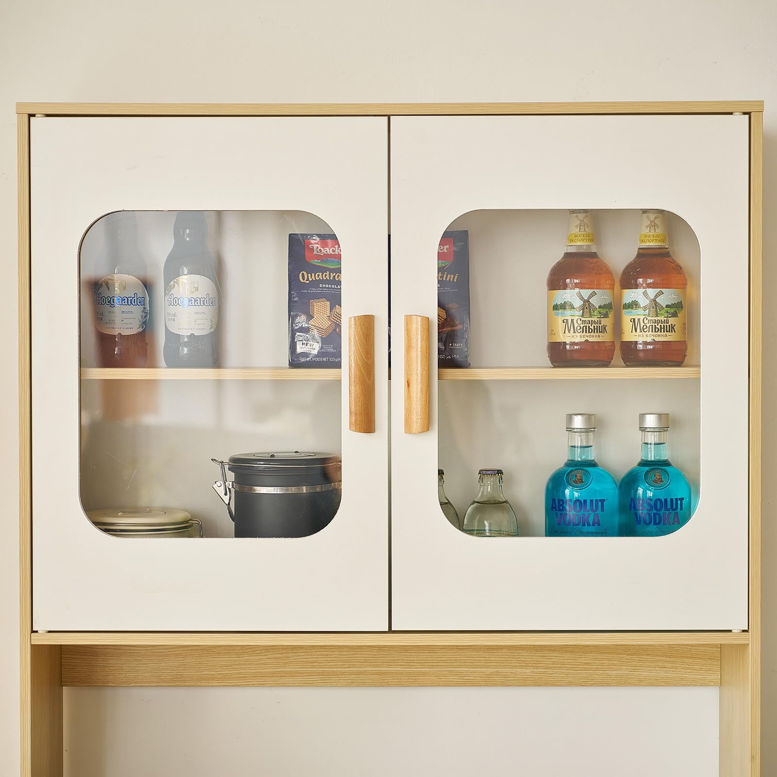 SHARPDO Buffet Cuisine Haut 180 cm, Meuble de Rangement Cuisine Blanc et Bois, Armoire de Cuisine avec Porte Transparente, Plateau pour Micro-Ondes, Placard Fermé