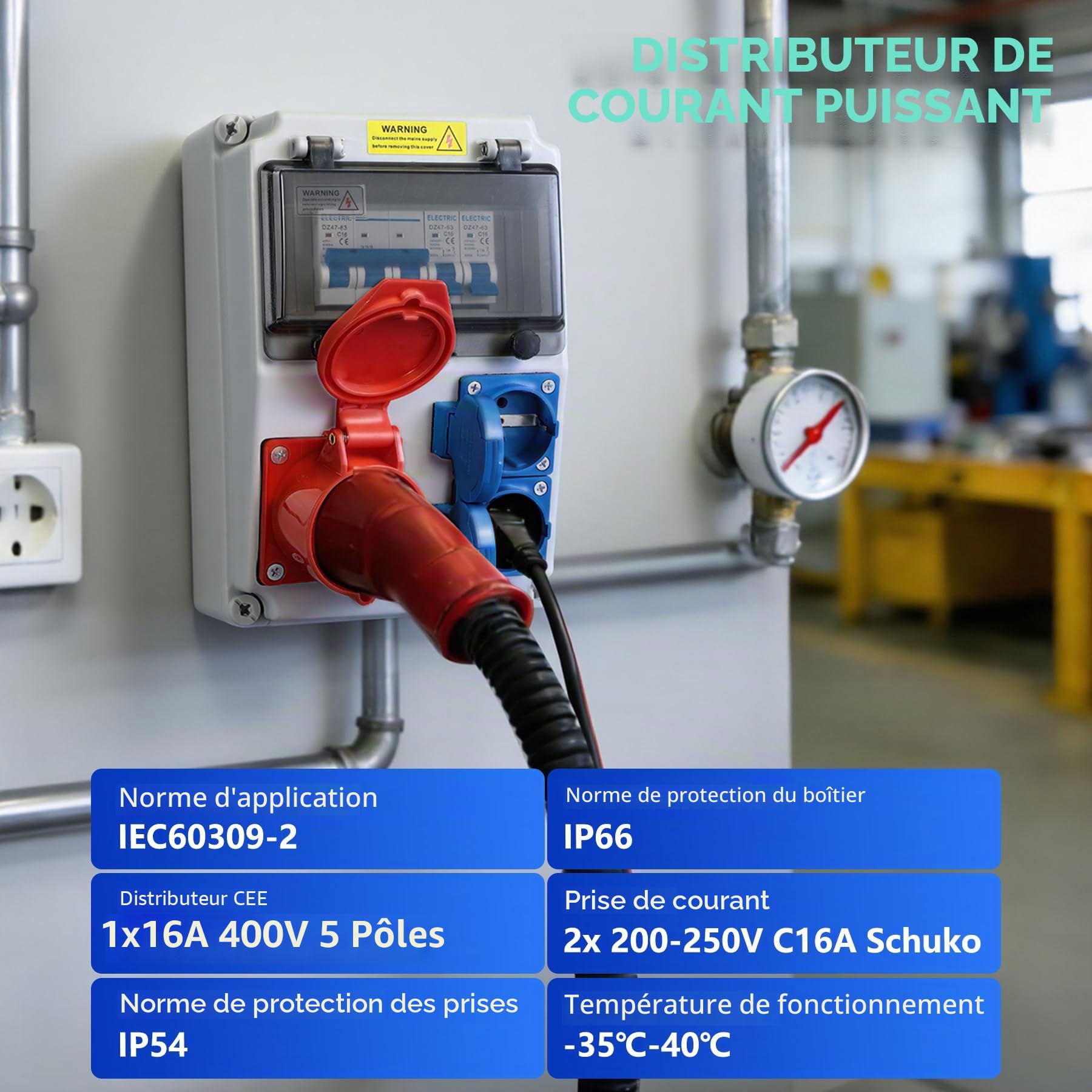 VAYALT Tableau Électrique 16A, Coffret Électrique de Chantier 230V, 2 x 16A Schuko+ 400V 16A CEE avec Disjoncteur, Boîtier étanche IP66, Coffret de Chantier pour Ateliers-Répartiteur Mural pré-câblé