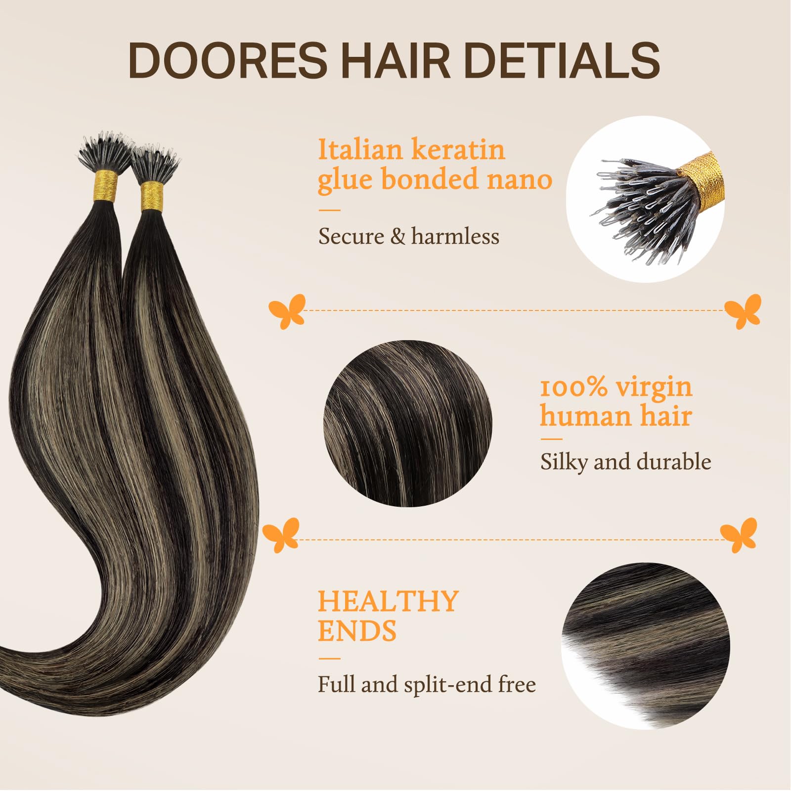 DOORES Nano Beads Hair Extensions, Balayage Natural Black to Light Blonde 16 Inch 50g 100s - Image 3