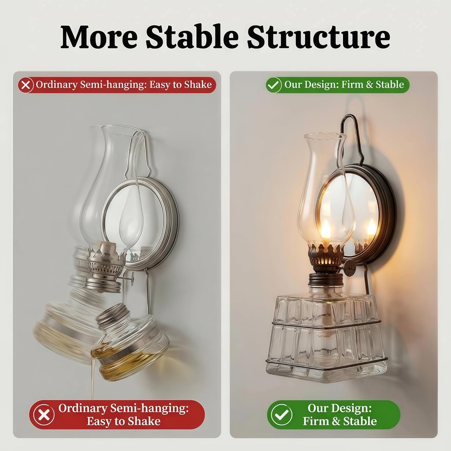 Vintage Glass Oil Lamp, Tabletop & Wall Mount Kerosene Lamp with 330ml Oil Capacity, 10.24" Retro Decorative Hurricane Lamp for Home Decor, Gift & Emergency Lighting(Gunmetal)