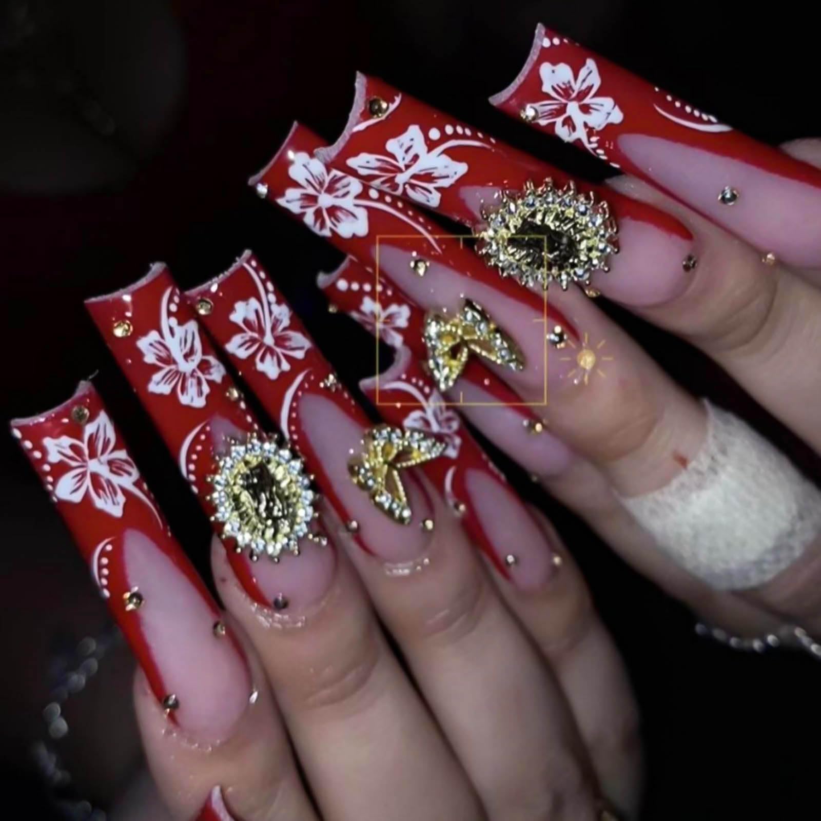 RUOKEXIN Long Press on Nails Square Fake Nails Red French Tip False Nails with Gold Butterfly Charms Designs Full Cover Glue on Nails Sparkly