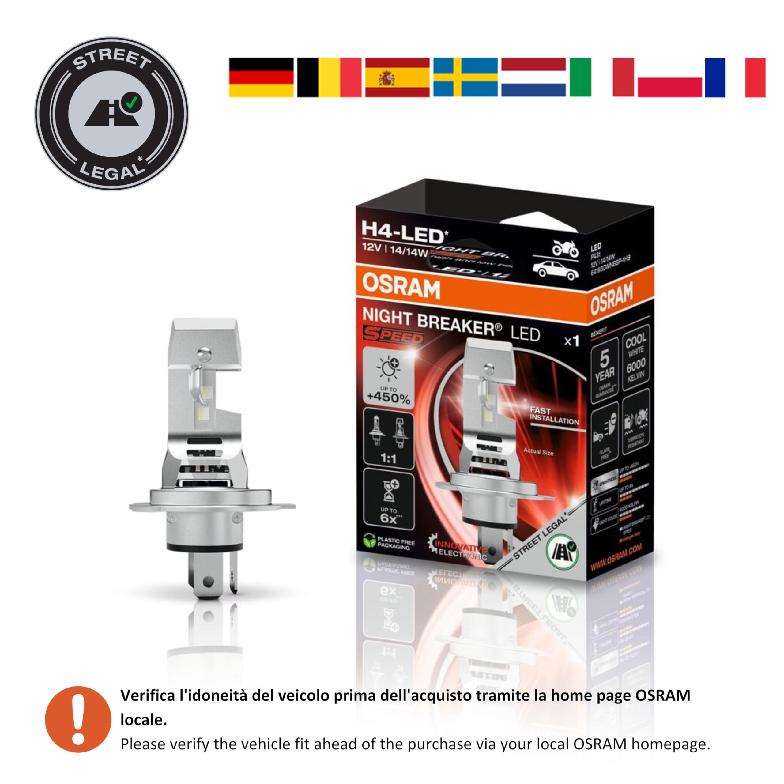 OSRAM NIGHT BREAKER LED SPEED H7 450 per moto, lampada LED retrofit per moto con omologazione stradale, fino al 450% di luminosità in più, 6000K, installazione rapida, LEDEC02 integrato, 1 lampada