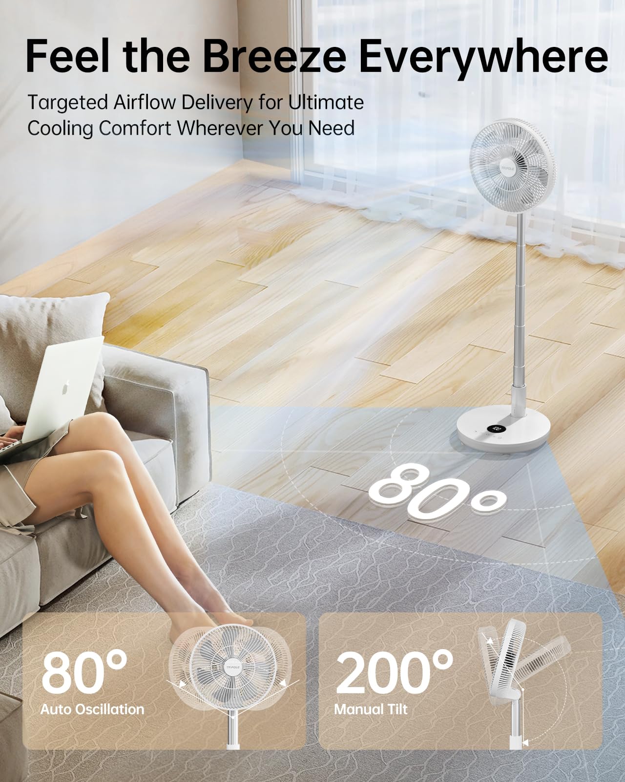 Ventilador oscilante portátil silencioso con control remoto, ventiladores de pedestal recargables de 12 pulgadas para dormitorio y oficina, ventiladores de viaje plegables a batería, altura 4