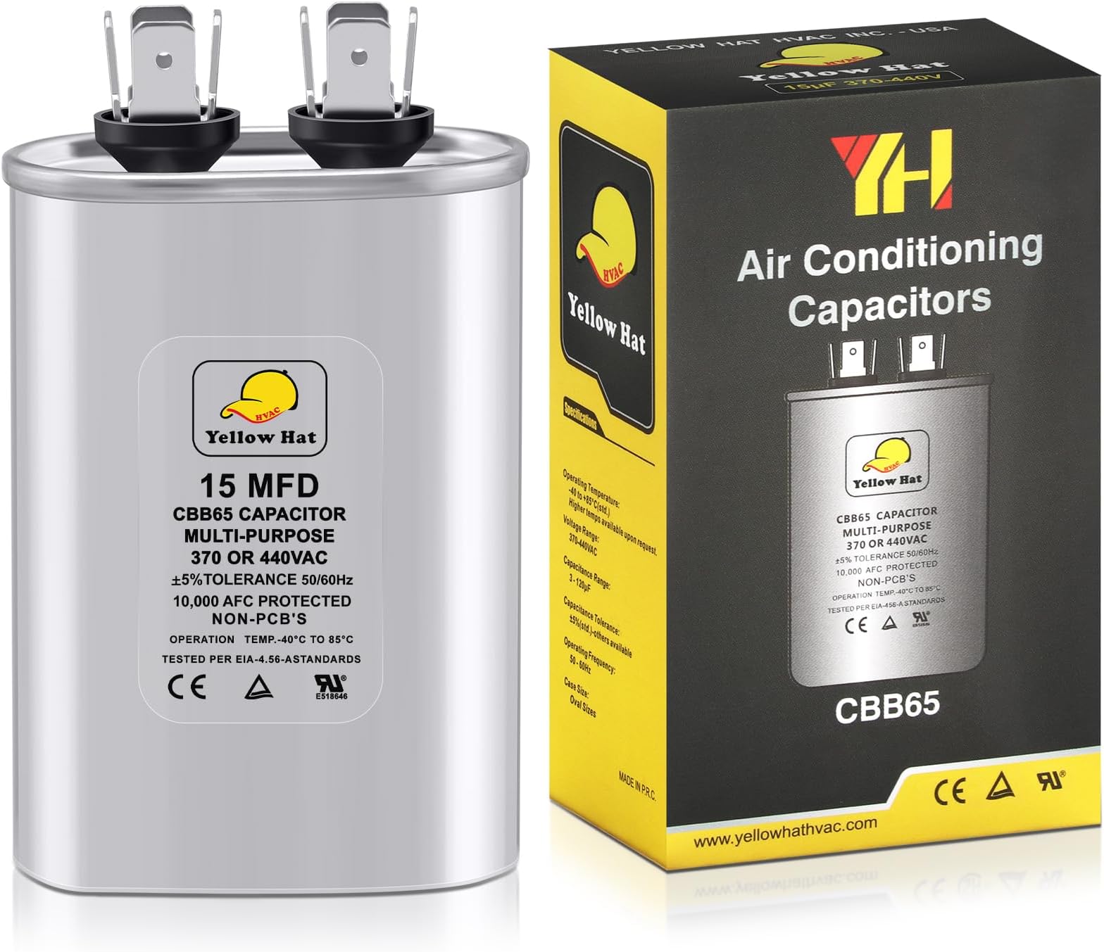 Capacitor for Air Conditioner 15 uf MFD 370 or 440 Volt VAC, CBB65 Multi-Purpose Oval Capacitor for AC Motor Run or Fan Motor Start or Condenser Straight