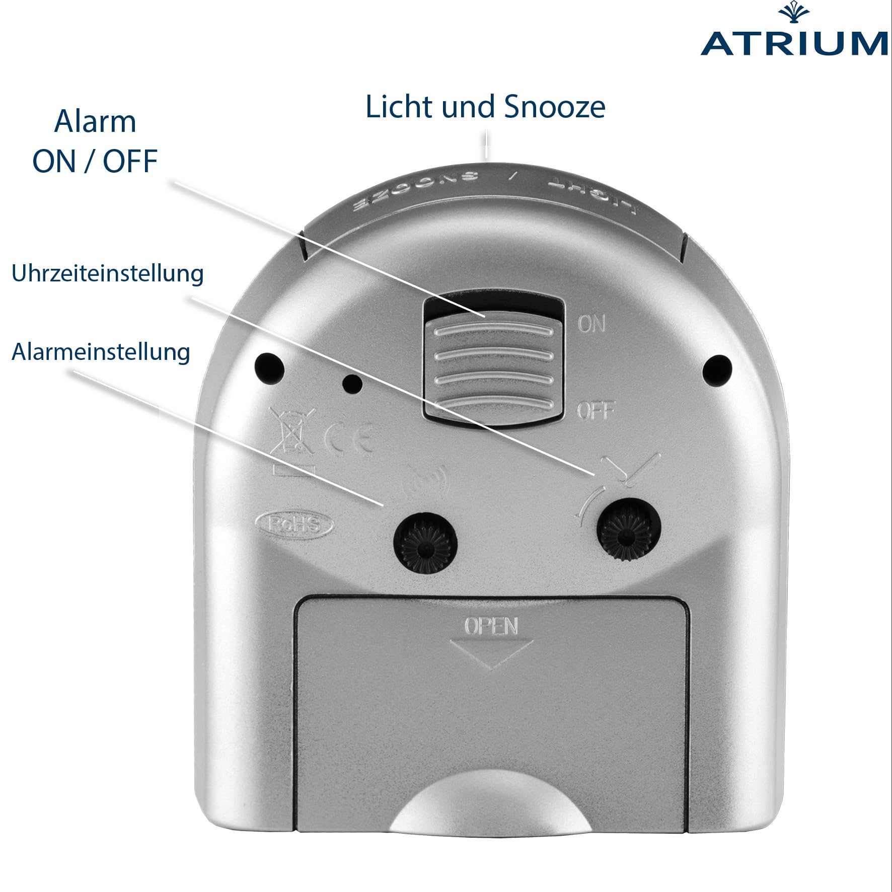 Sveglia Analogica Atrium Design Moderno, Silenziosa Con Luce E Snooze, Bianco/Azzurro