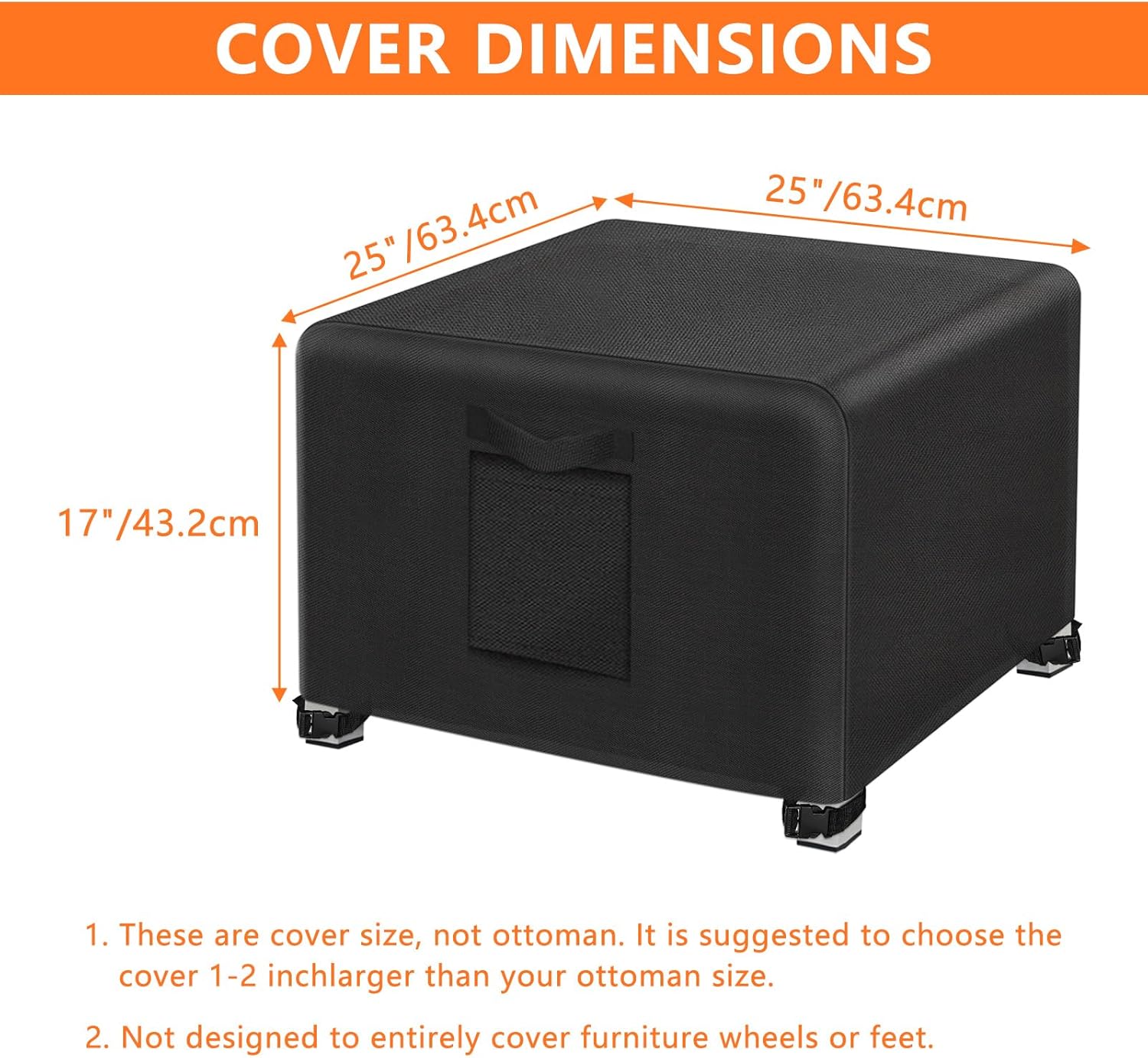 Kovshuiwe 2Pcs-25"L x 25"W x 17"H Outdoor Patio Ottoman Cover, Waterproof Patio Ottoman Cover, Heavy Duty，with Padded Handles,Black