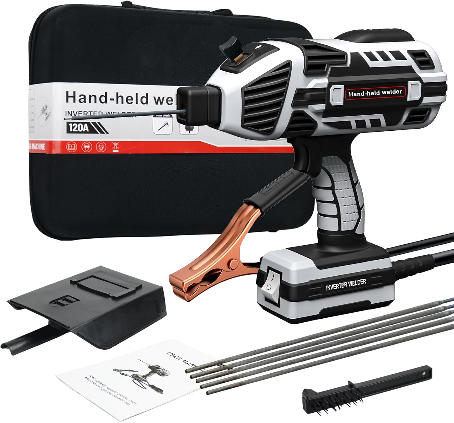 Portable Welder Machine 110V ARC Handheld Welder IGBT Inverter Welding Gun Stick Welder 6 Variable Current Adjustment Hand Held Welding Machine, Fit for 1/16"-1/8" Welding Rods (Grey)