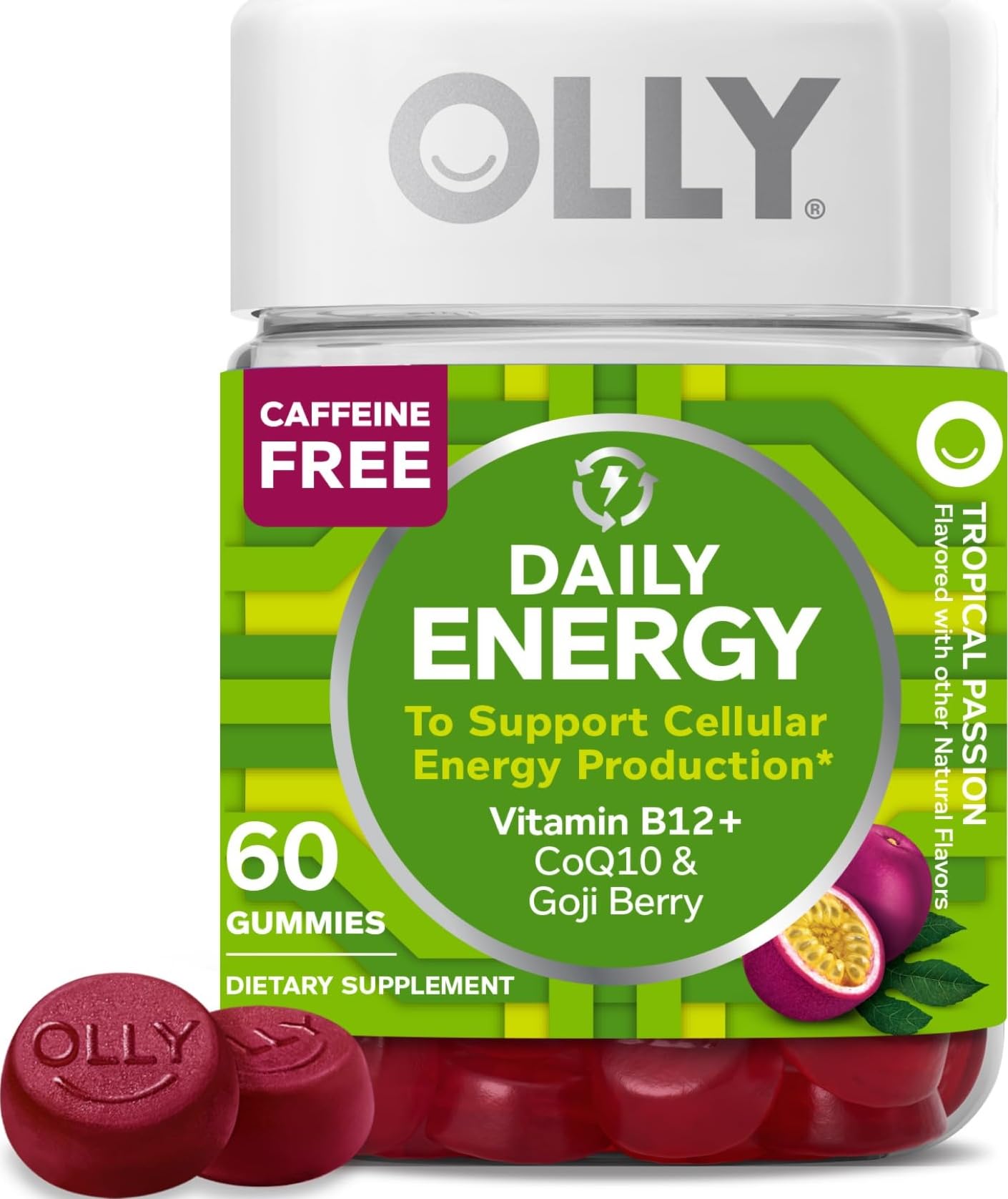 OLLY Daily Energy Gummy,Vitamin B12, CoQ10, Goji Berry - 60 Count Regular Strength 60 Count (Pack of 1)