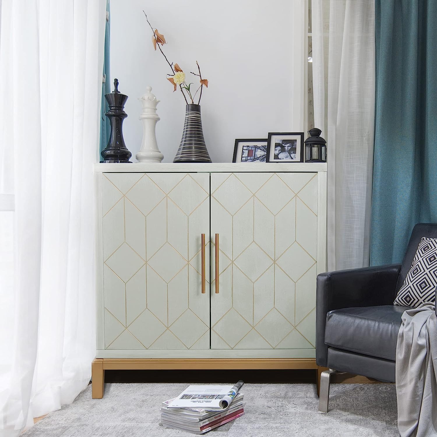 HOLTICO Küchenschrank Garderobenschrank Badezimmerschrank Wohnzimmerschrank Grün mit verstellbarem Regal,Schrank freistehend für Küche,Badzimmer,Wohnzimmer,Garage,goldene Linien und Beine